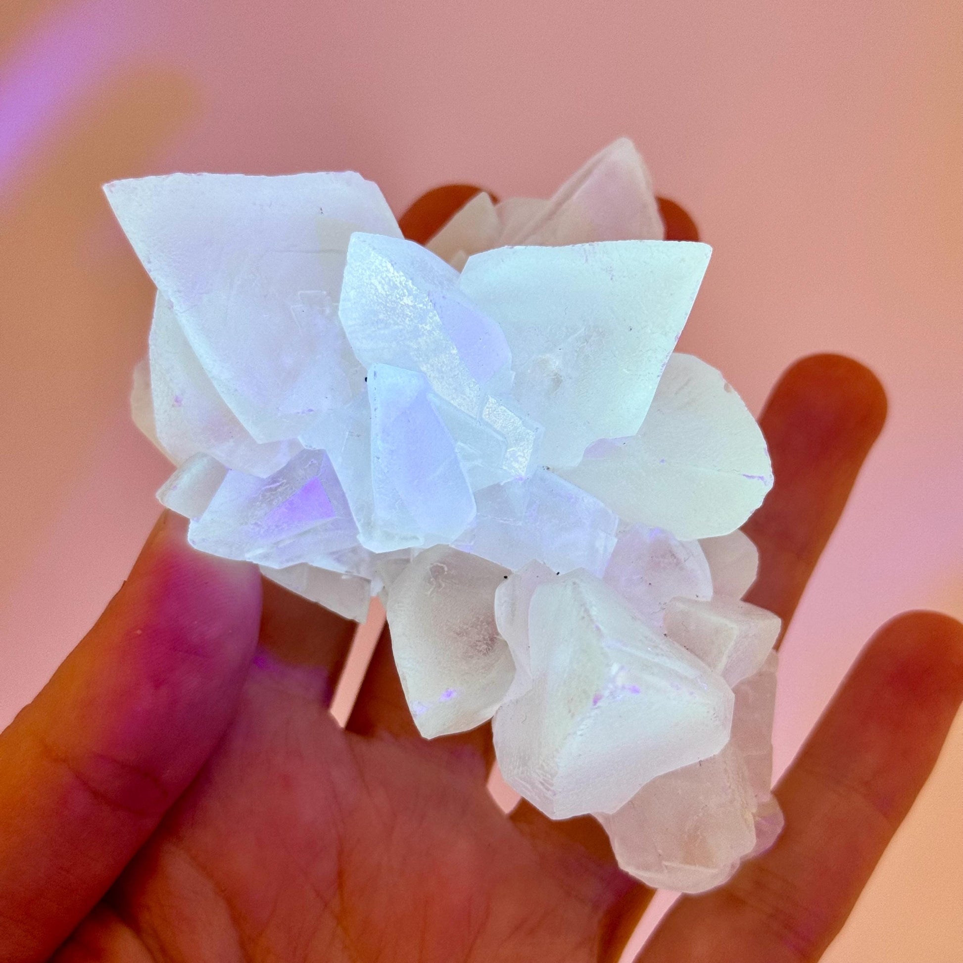 Fluorescent Calcite | UV-reactive raw crystal cluster, natural mineral specimen
