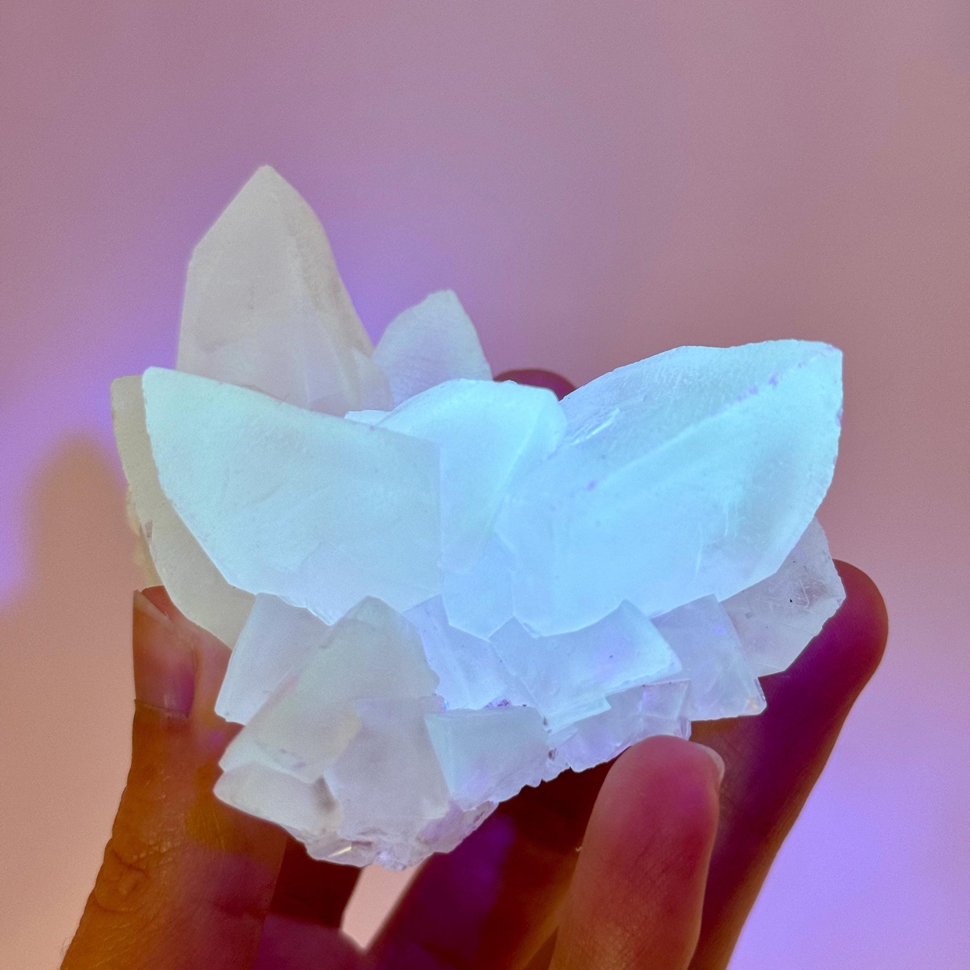 Fluorescent Calcite | UV-reactive raw crystal cluster, natural mineral specimen