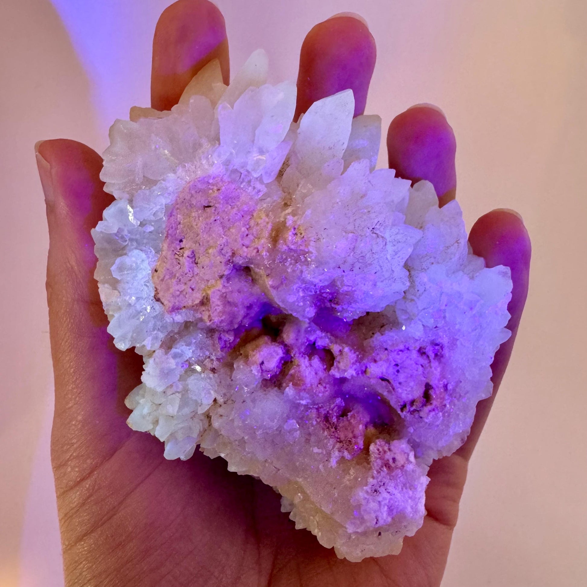 Fluorescent Calcite | UV-reactive raw crystal cluster, natural mineral specimen