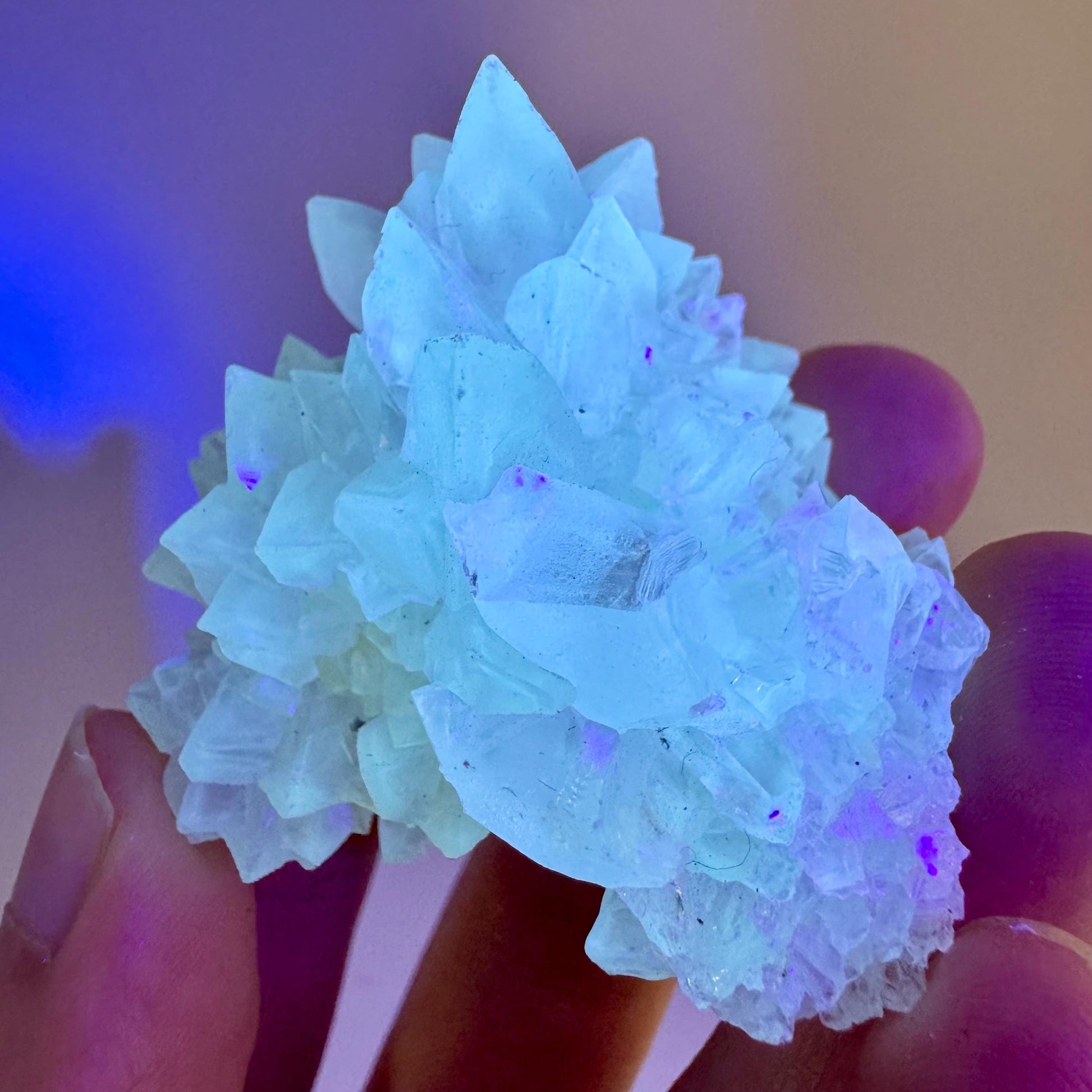 Fluorescent Calcite | UV-reactive raw crystal cluster, natural mineral specimen
