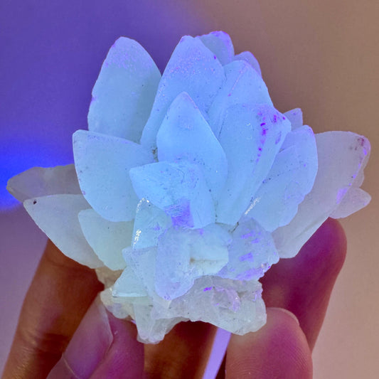 Fluorescent Calcite | UV-reactive raw crystal cluster, natural mineral specimen