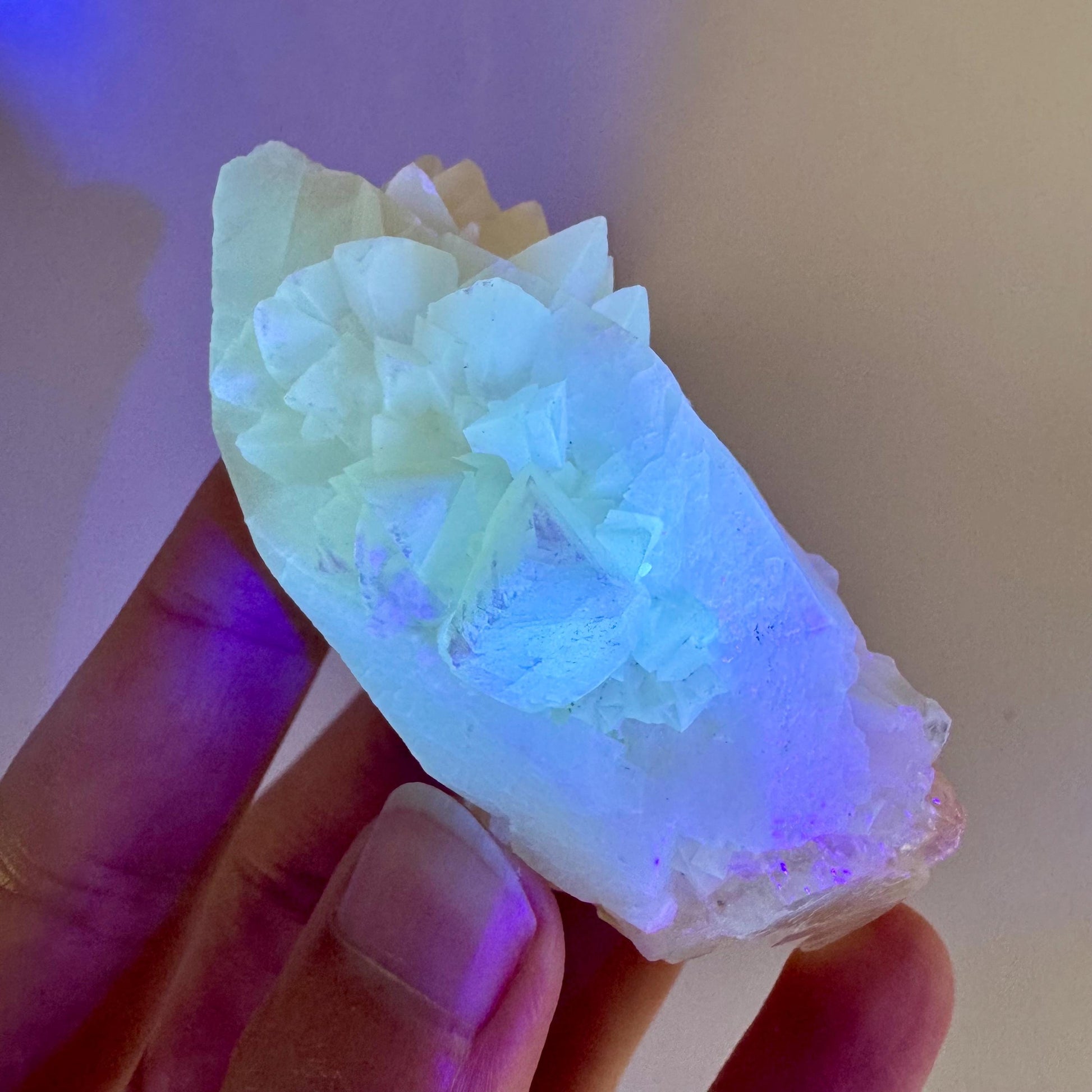 Fluorescent Calcite | UV-reactive raw crystal cluster, natural mineral specimen