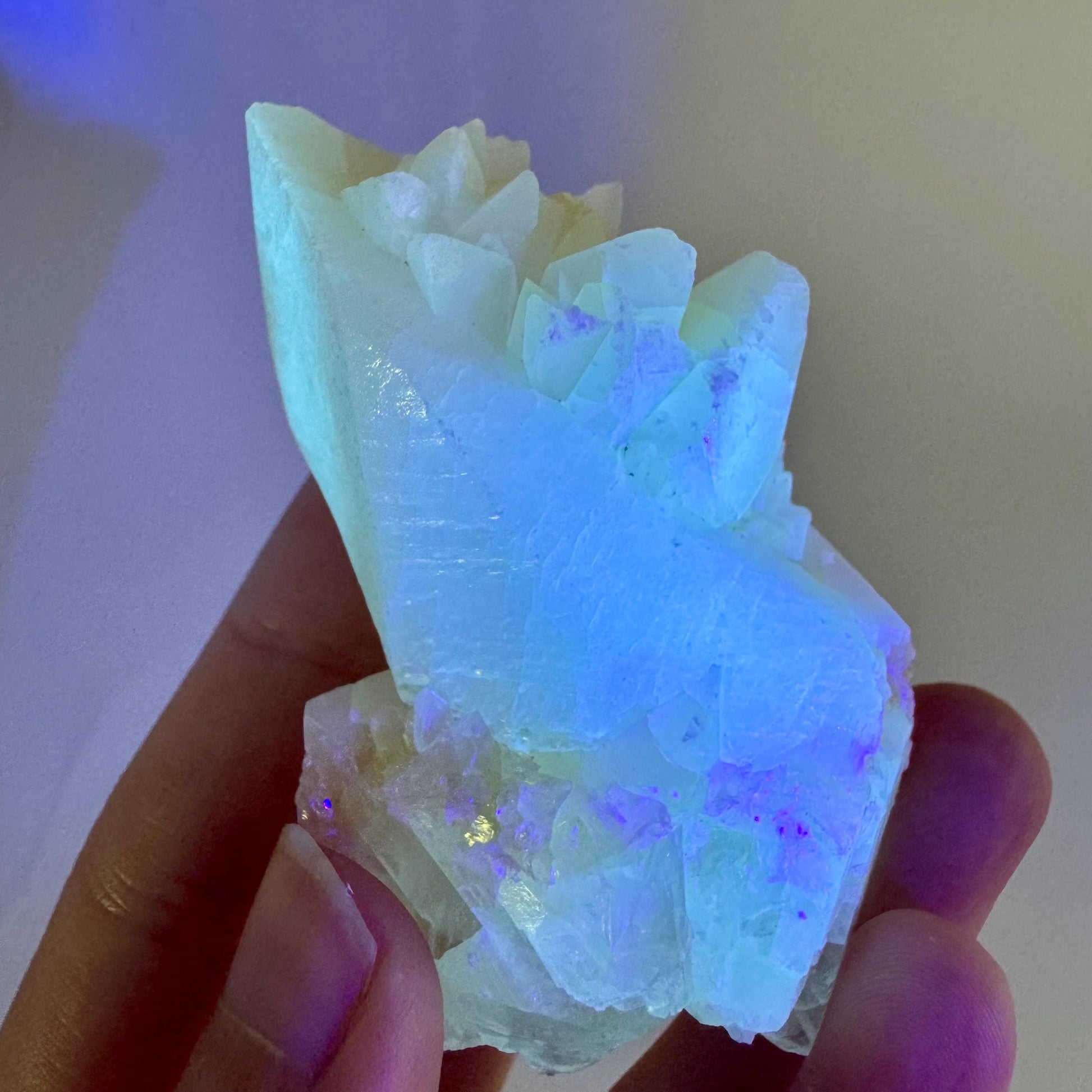 Fluorescent Calcite | UV-reactive raw crystal cluster, natural mineral specimen