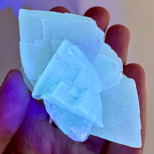 Fluorescent Calcite | UV-reactive raw crystal cluster, natural mineral specimen