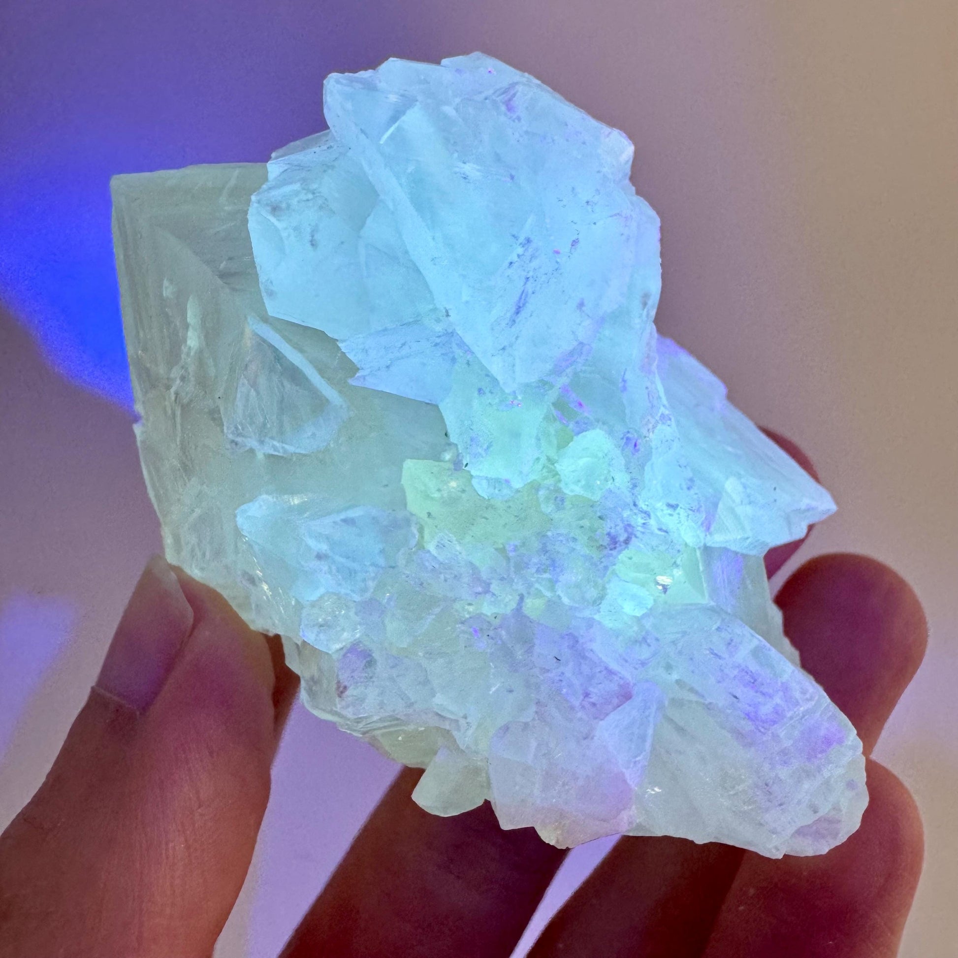 Fluorescent Calcite | UV-reactive raw crystal cluster, natural mineral specimen