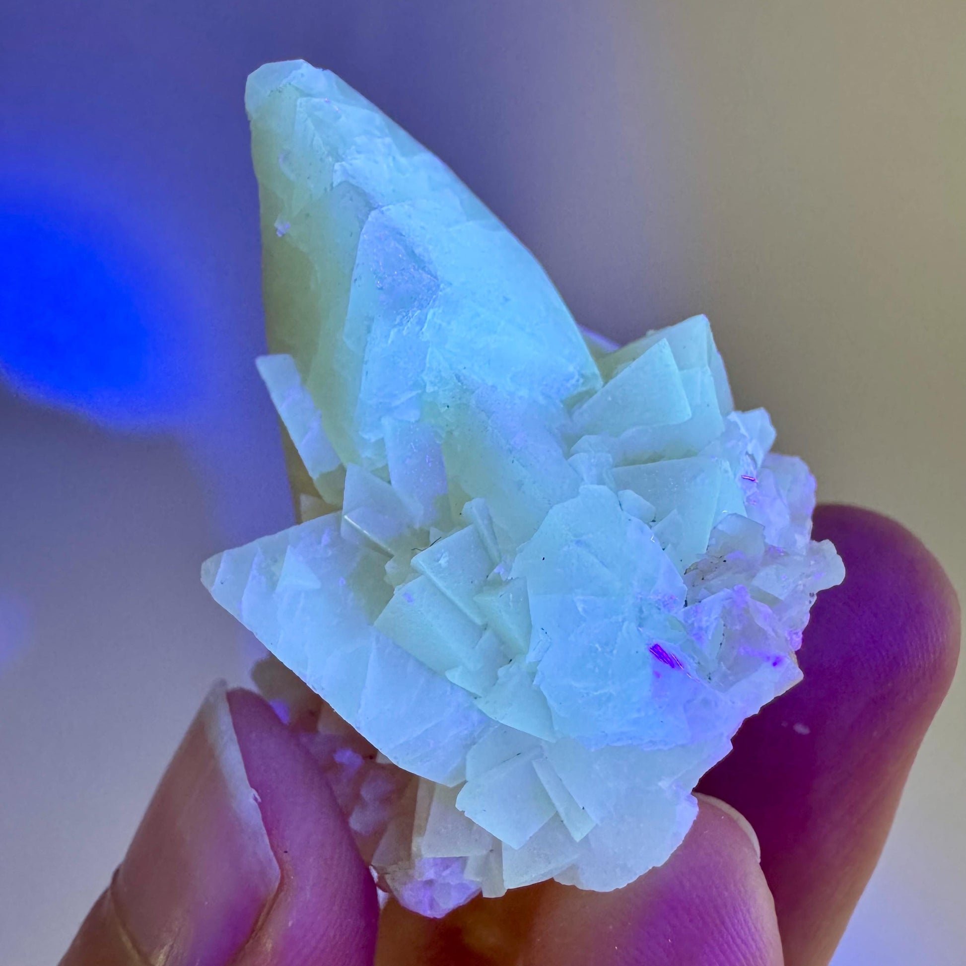 Fluorescent Calcite | UV-reactive raw crystal cluster, natural mineral specimen