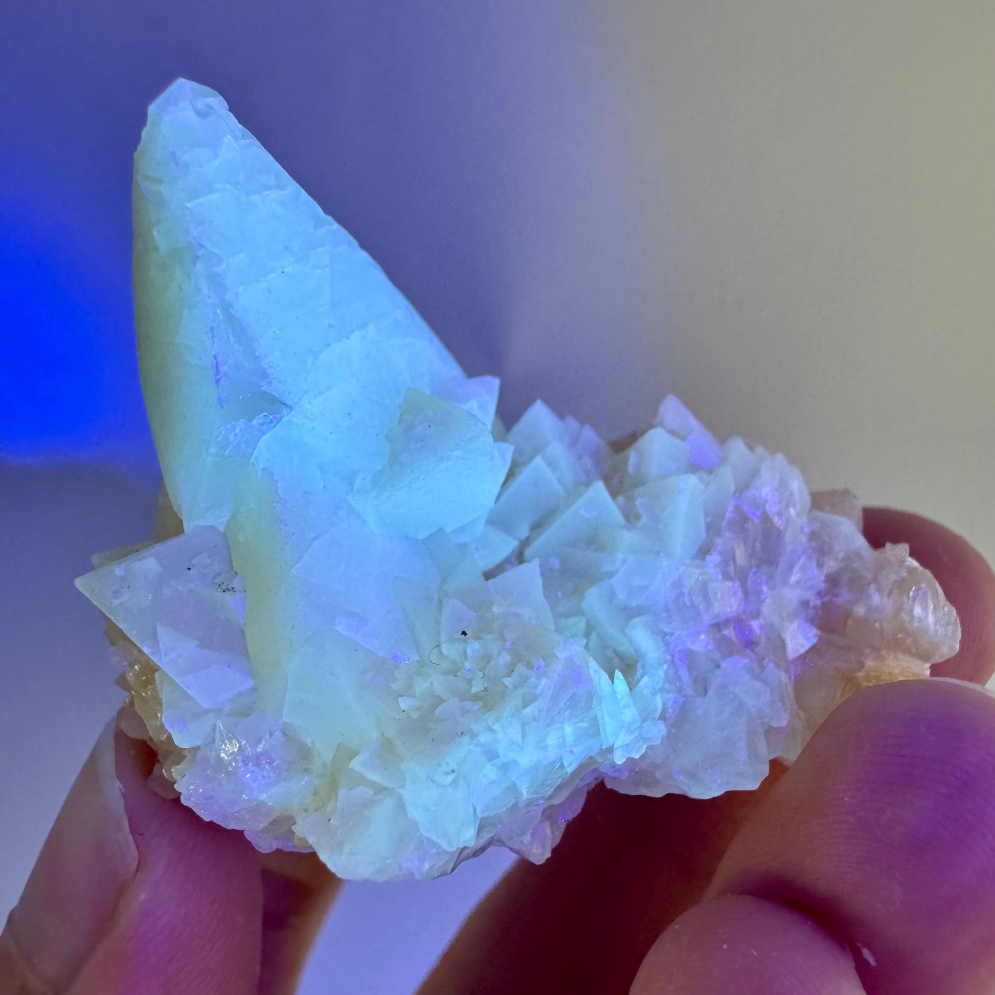 Fluorescent Calcite | UV-reactive raw crystal cluster, natural mineral specimen