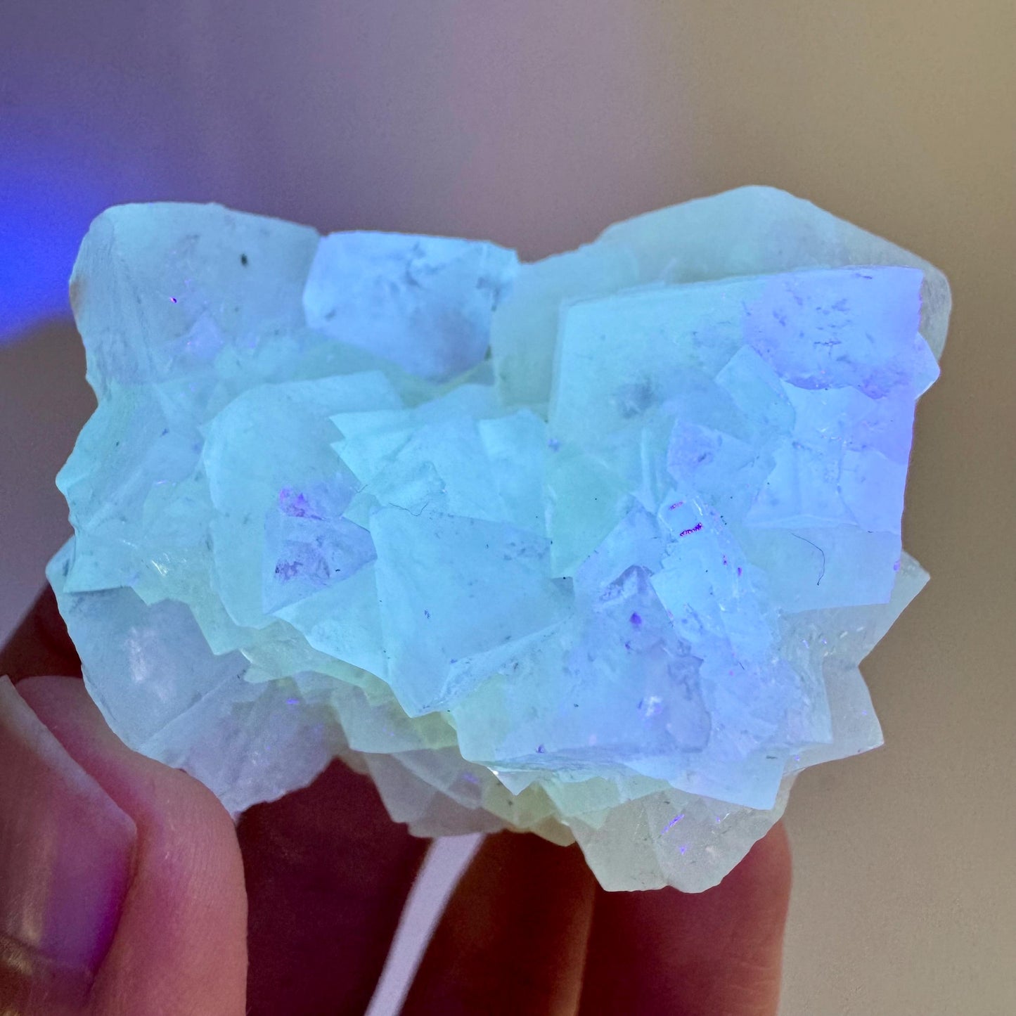 Fluorescent Calcite | UV-reactive raw crystal cluster, natural mineral specimen