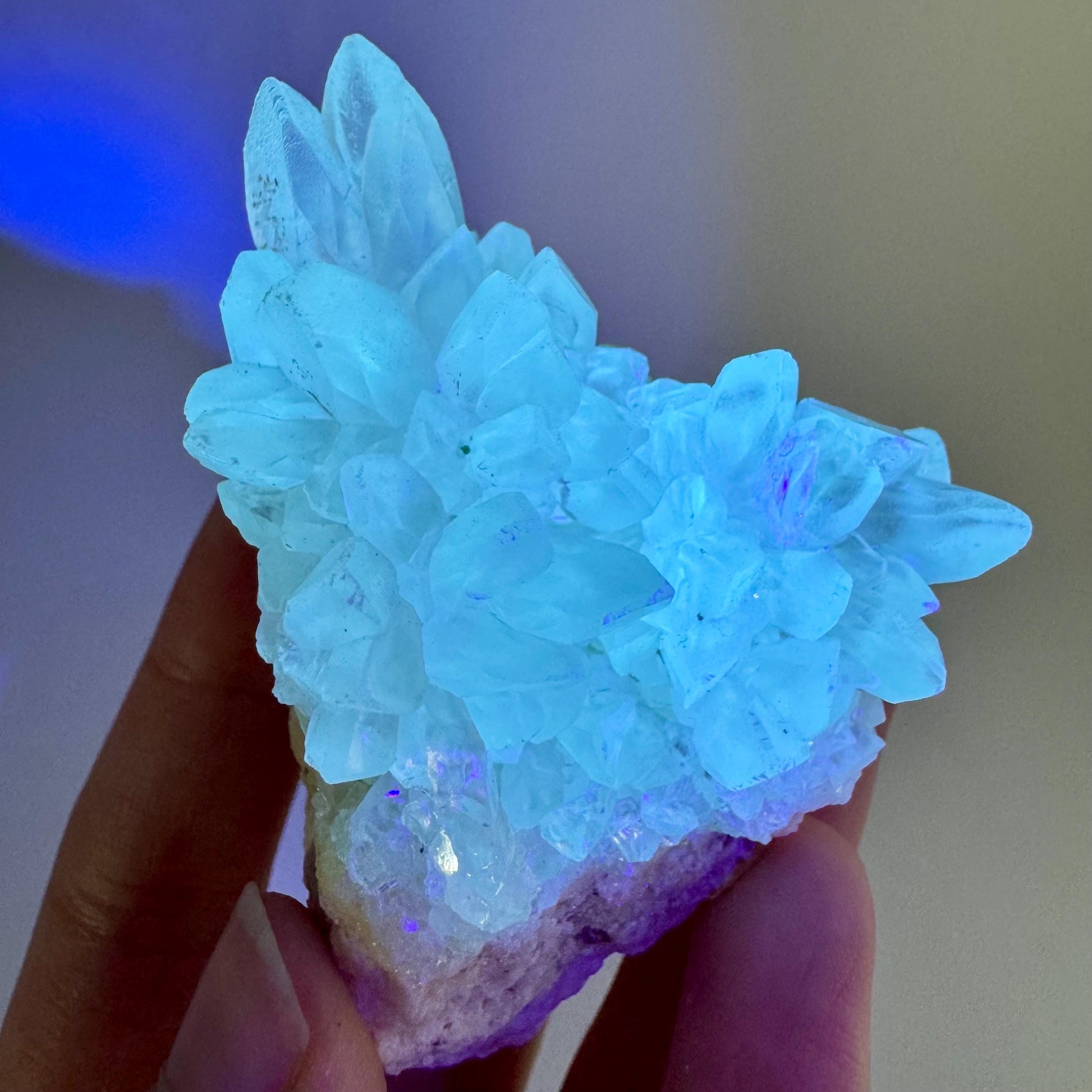 Fluorescent Calcite | UV-reactive raw crystal cluster, natural mineral specimen