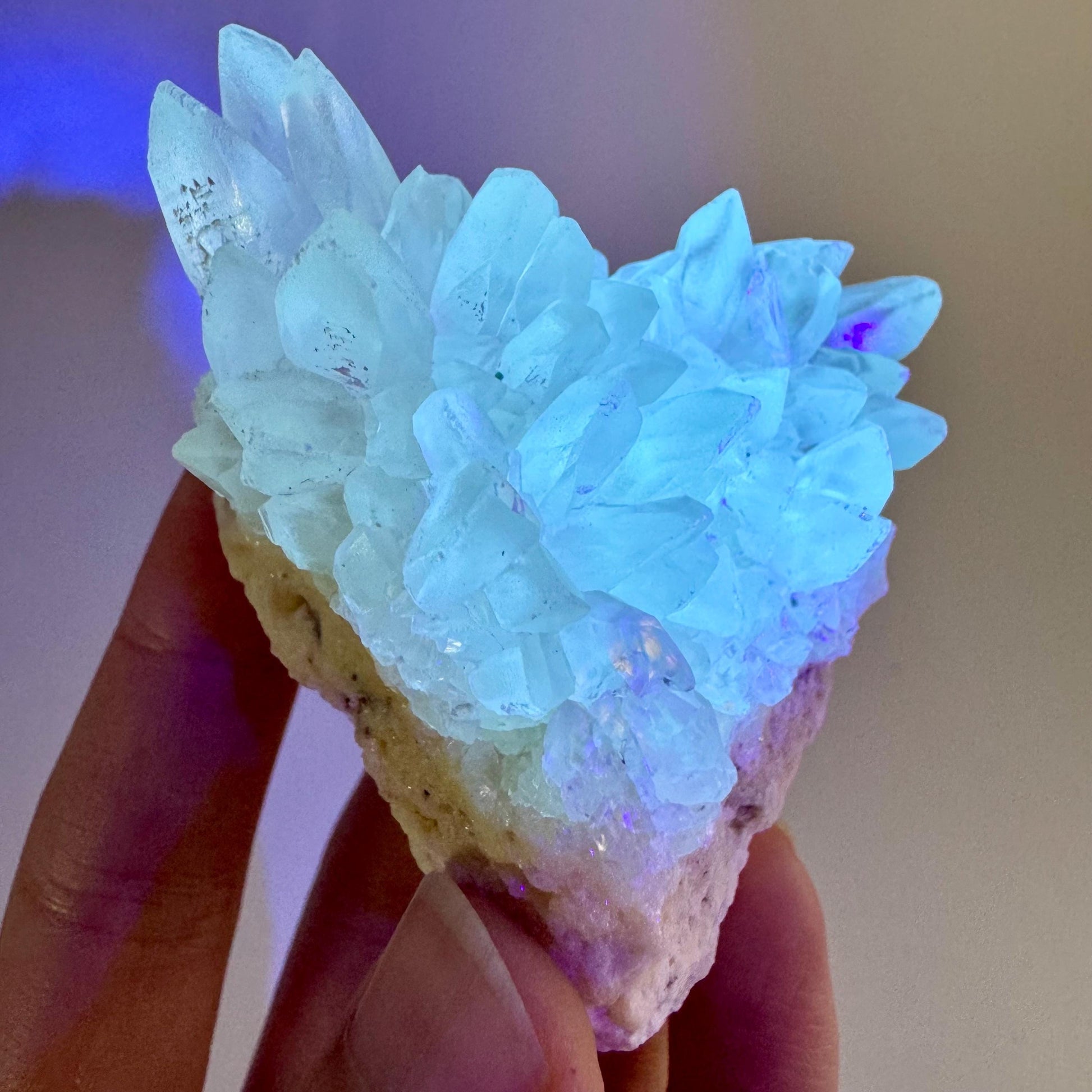 Fluorescent Calcite | UV-reactive raw crystal cluster, natural mineral specimen