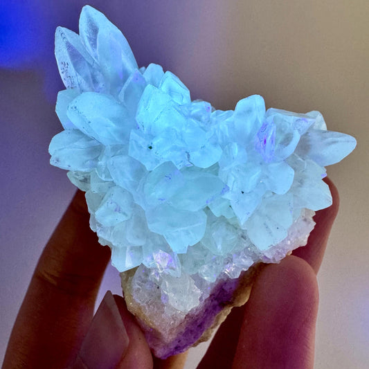 Fluorescent Calcite | UV-reactive raw crystal cluster, natural mineral specimen