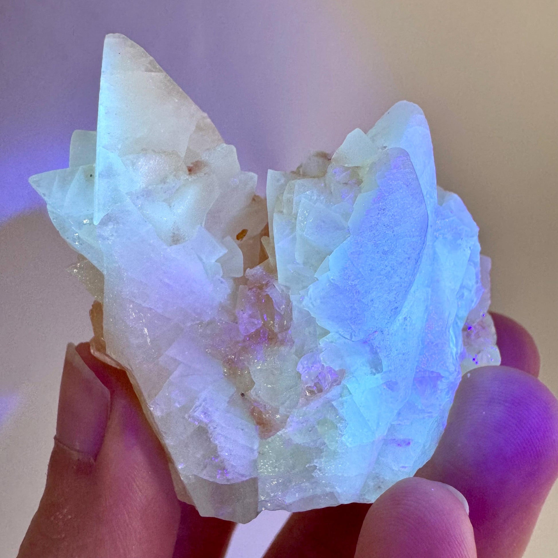 Fluorescent Calcite | UV-reactive raw crystal cluster, natural mineral specimen