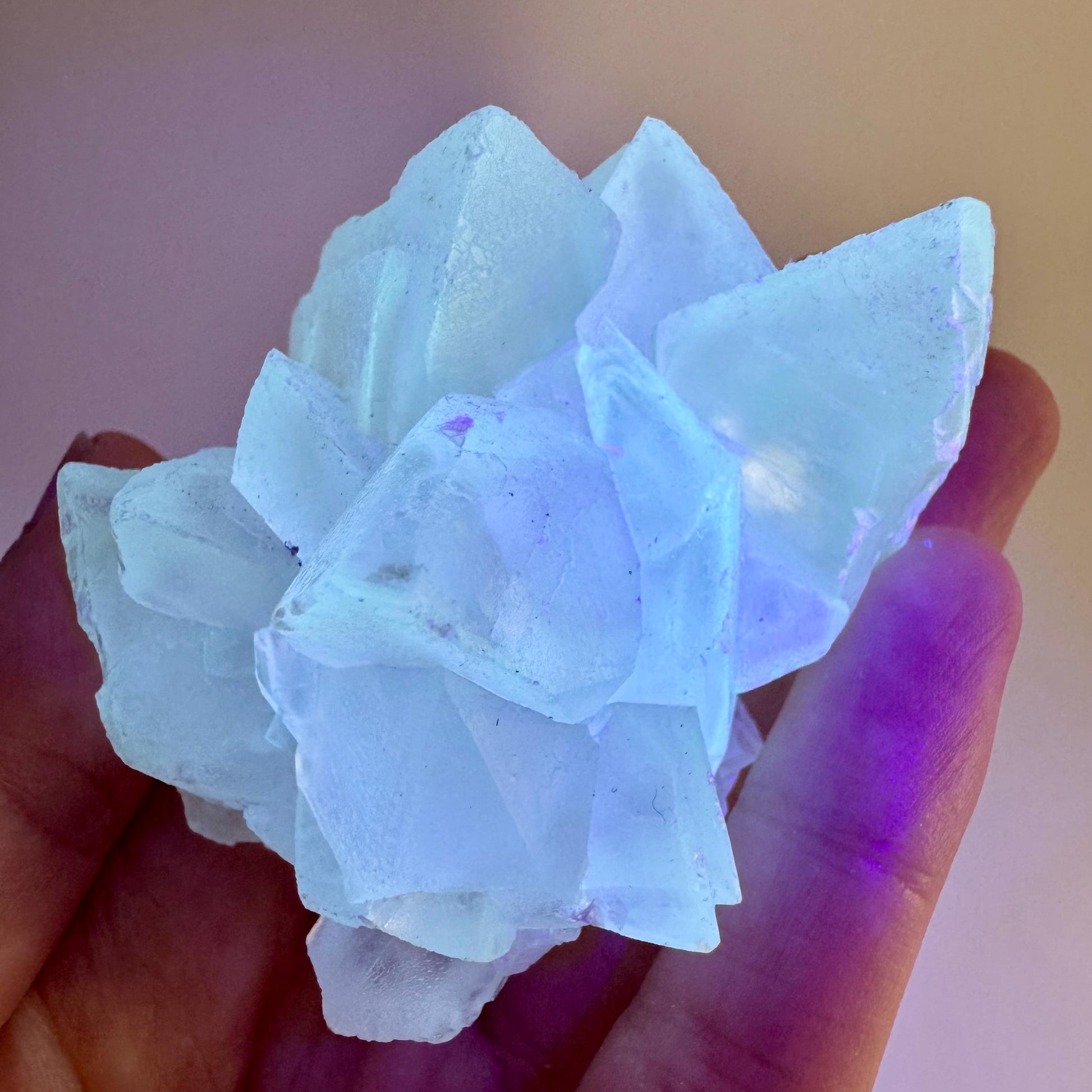Fluorescent Calcite | UV-reactive raw crystal cluster, natural mineral specimen