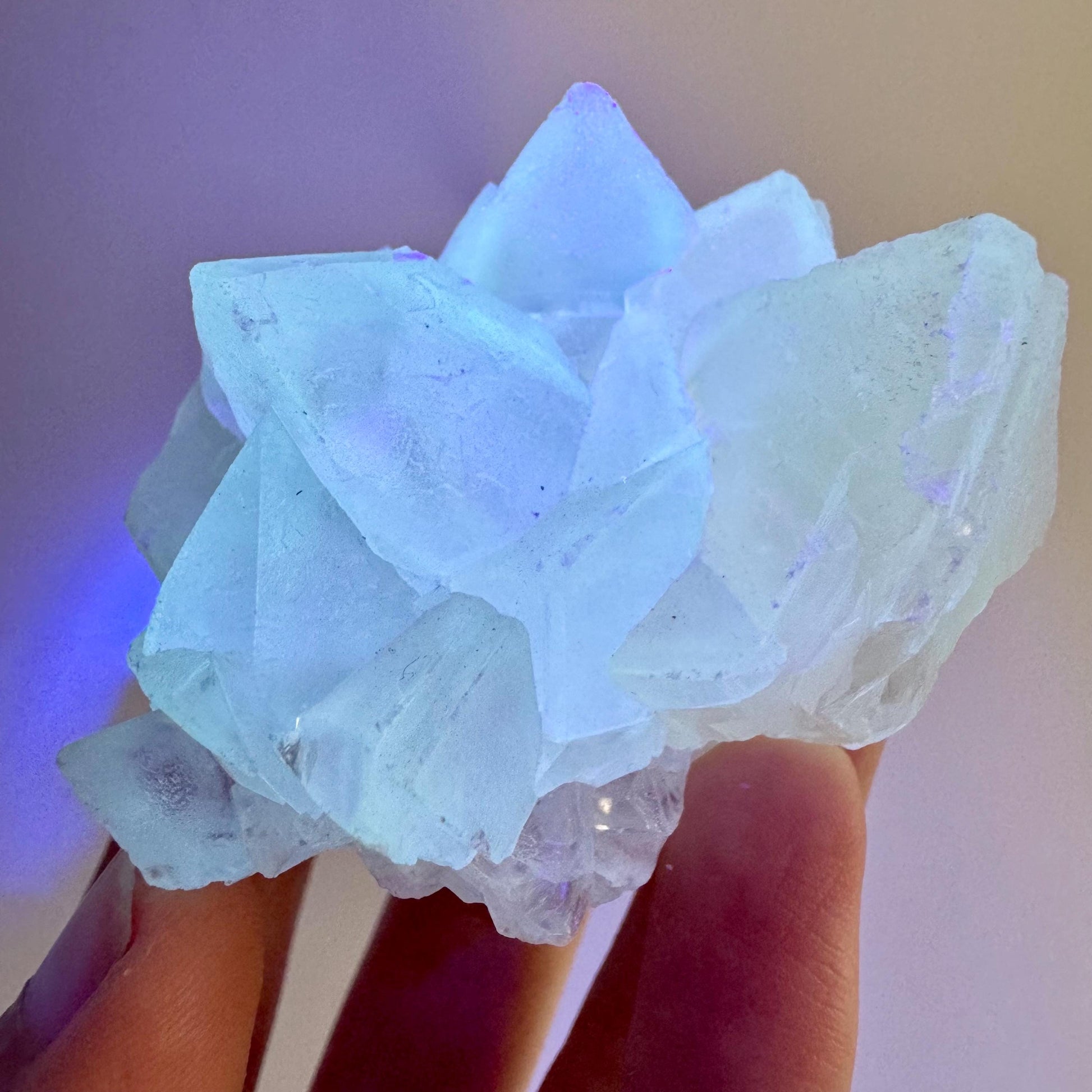 Fluorescent Calcite | UV-reactive raw crystal cluster, natural mineral specimen