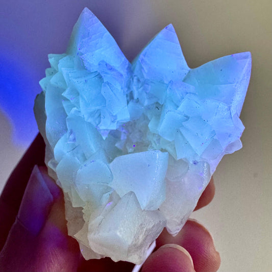 Fluorescent Calcite | UV-reactive raw crystal cluster, natural mineral specimen