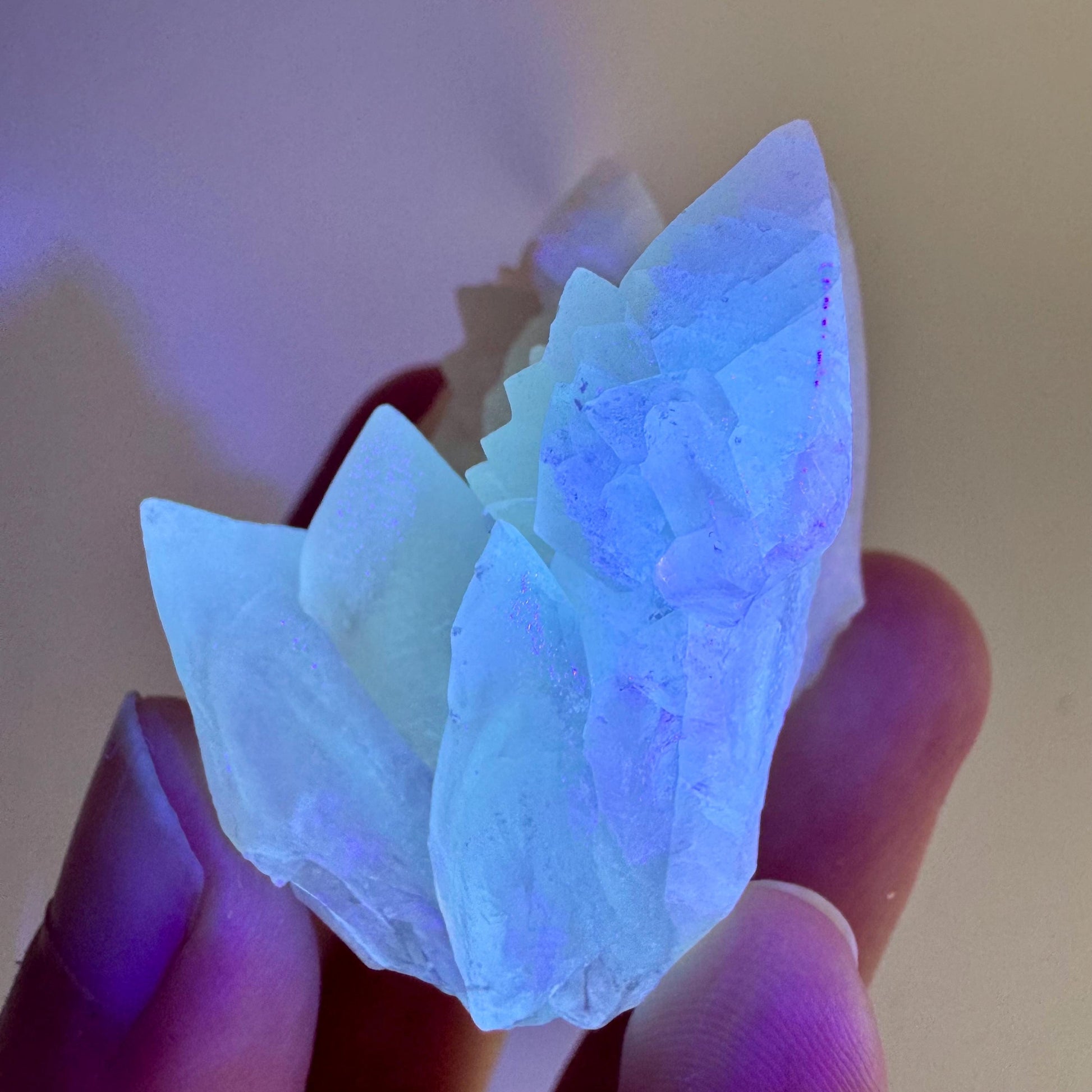 Fluorescent Calcite | UV-reactive raw crystal cluster, natural mineral specimen