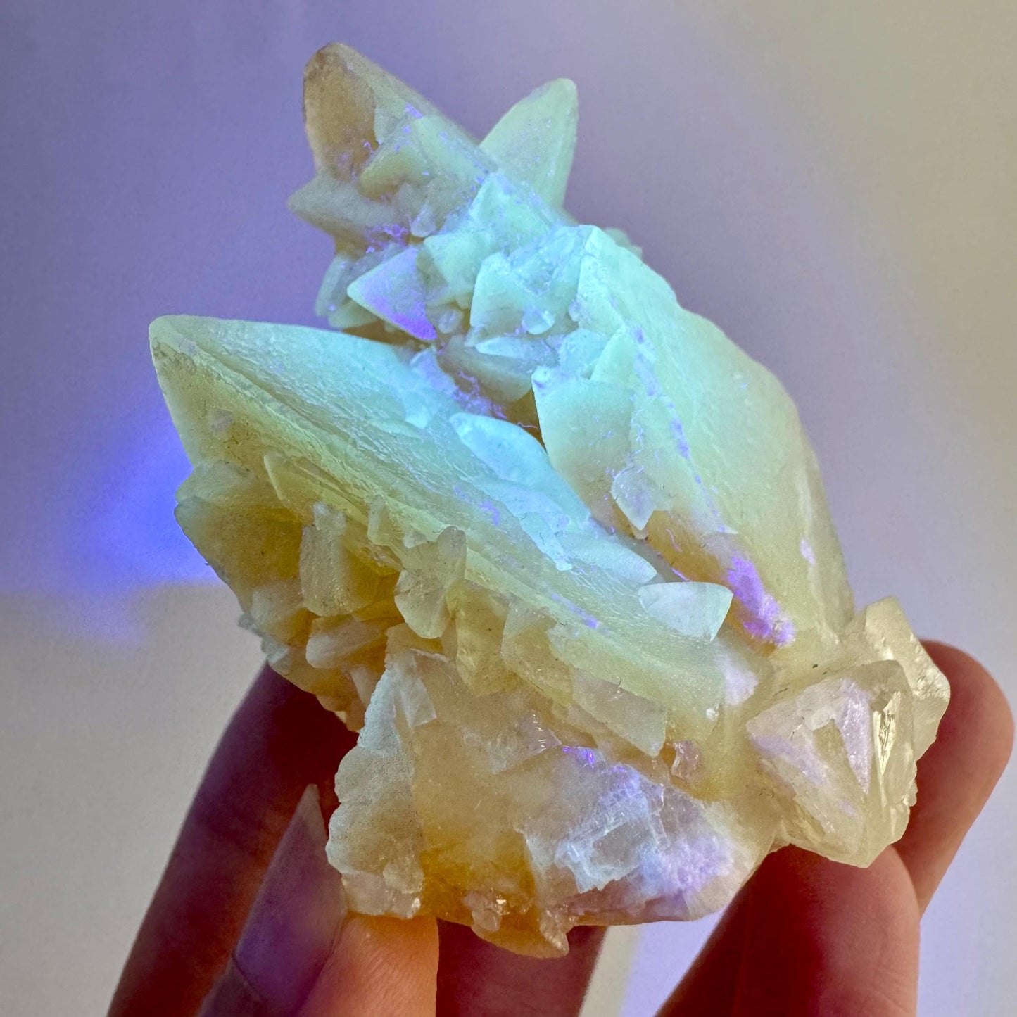 Fluorescent Calcite | UV-reactive raw crystal cluster, natural mineral specimen