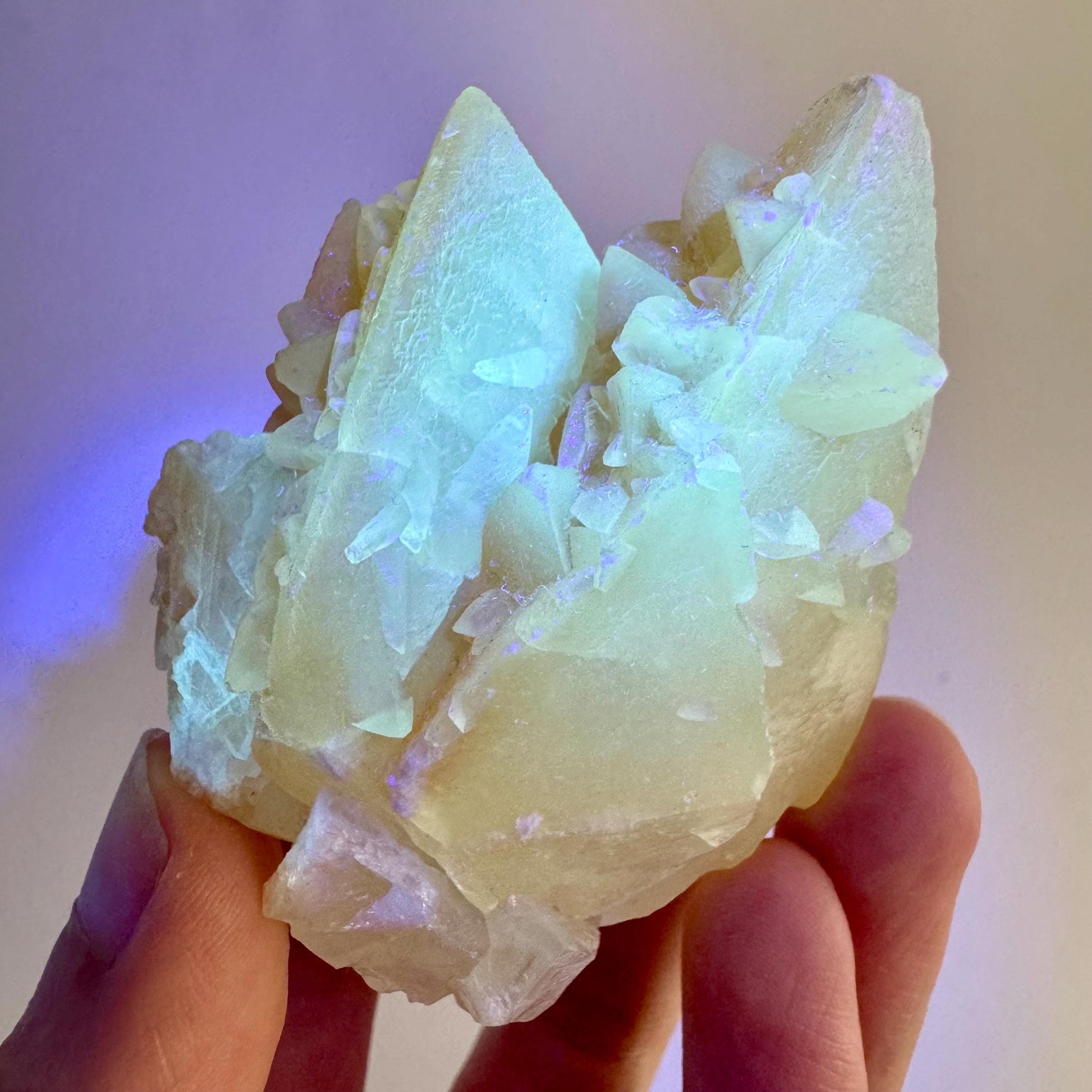 Fluorescent Calcite | UV-reactive raw crystal cluster, natural mineral specimen