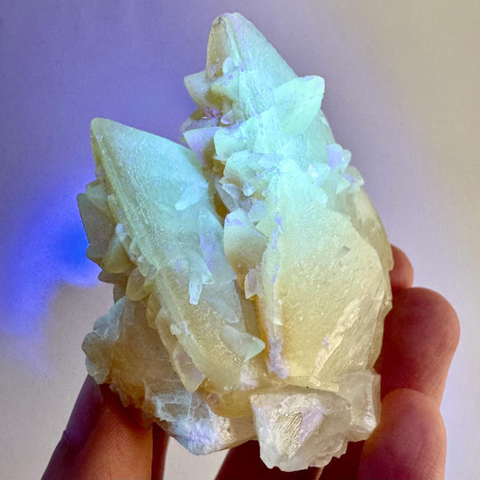 Fluorescent Calcite | UV-reactive raw crystal cluster, natural mineral specimen