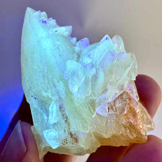 Fluorescent Calcite | UV-reactive raw crystal cluster, natural mineral specimen
