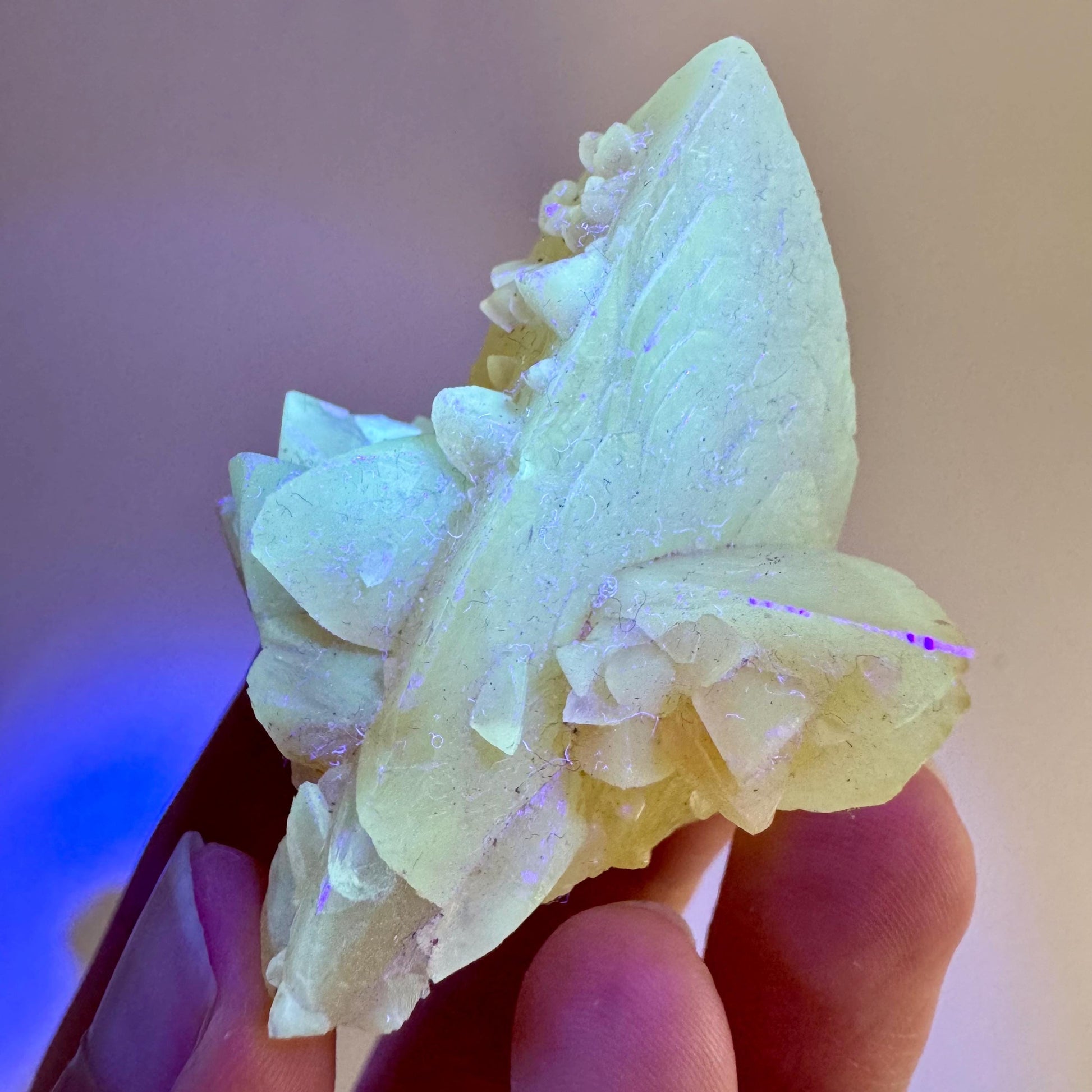Fluorescent Calcite | UV-reactive raw crystal cluster, natural mineral specimen
