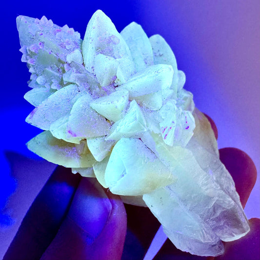 Fluorescent Calcite | UV-reactive raw crystal cluster, natural mineral specimen