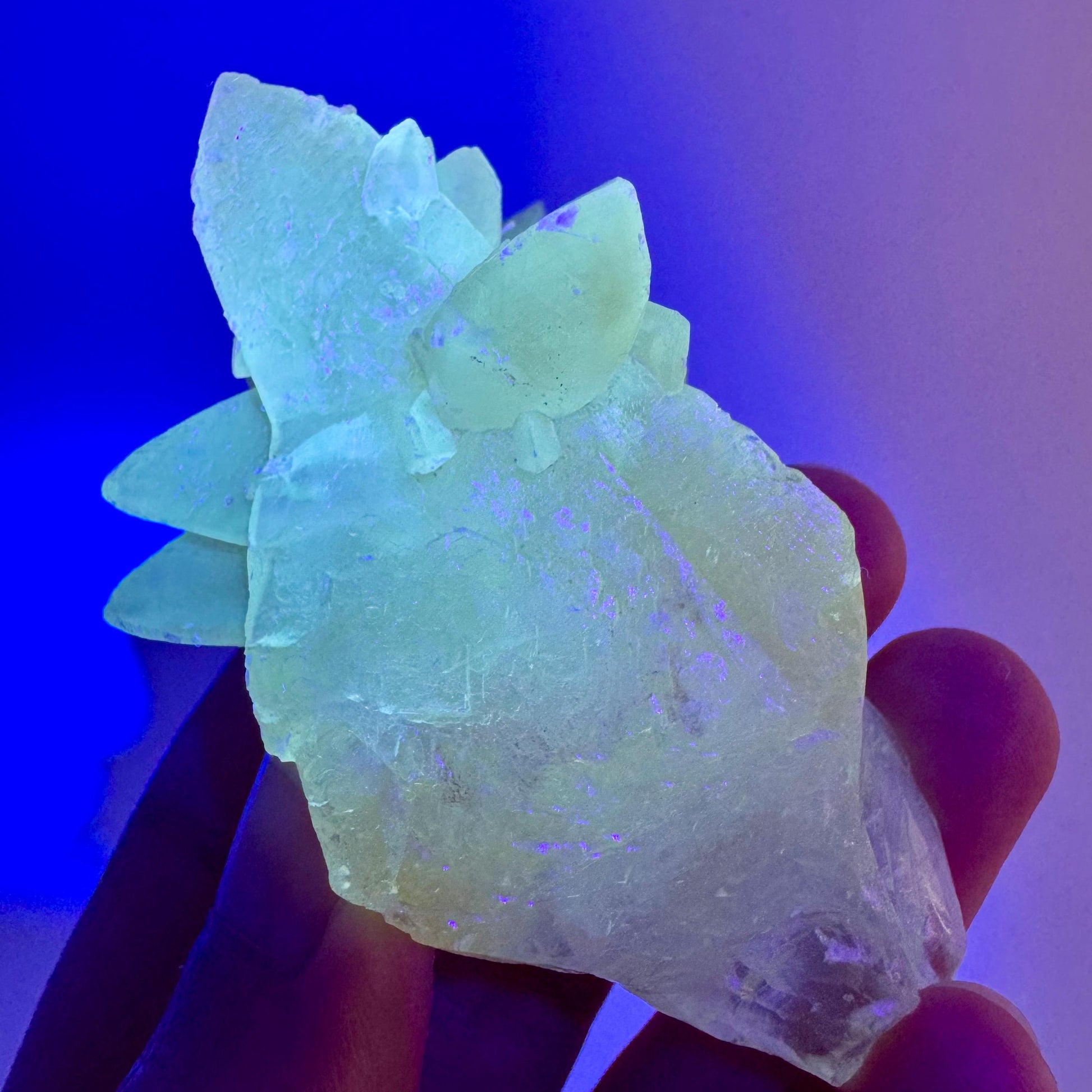 Fluorescent Calcite | UV-reactive raw crystal cluster, natural mineral specimen