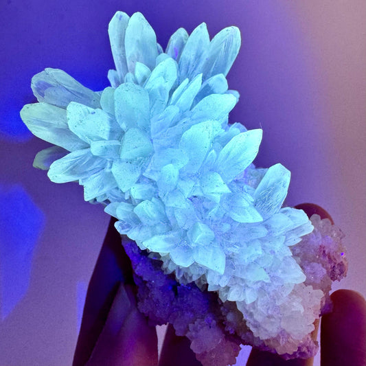Fluorescent Calcite | UV-reactive raw crystal cluster, natural mineral specimen