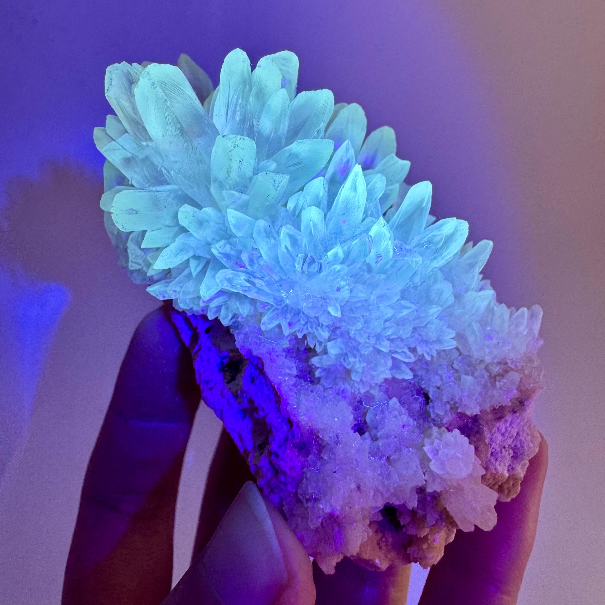 Fluorescent Calcite | UV-reactive raw crystal cluster, natural mineral specimen