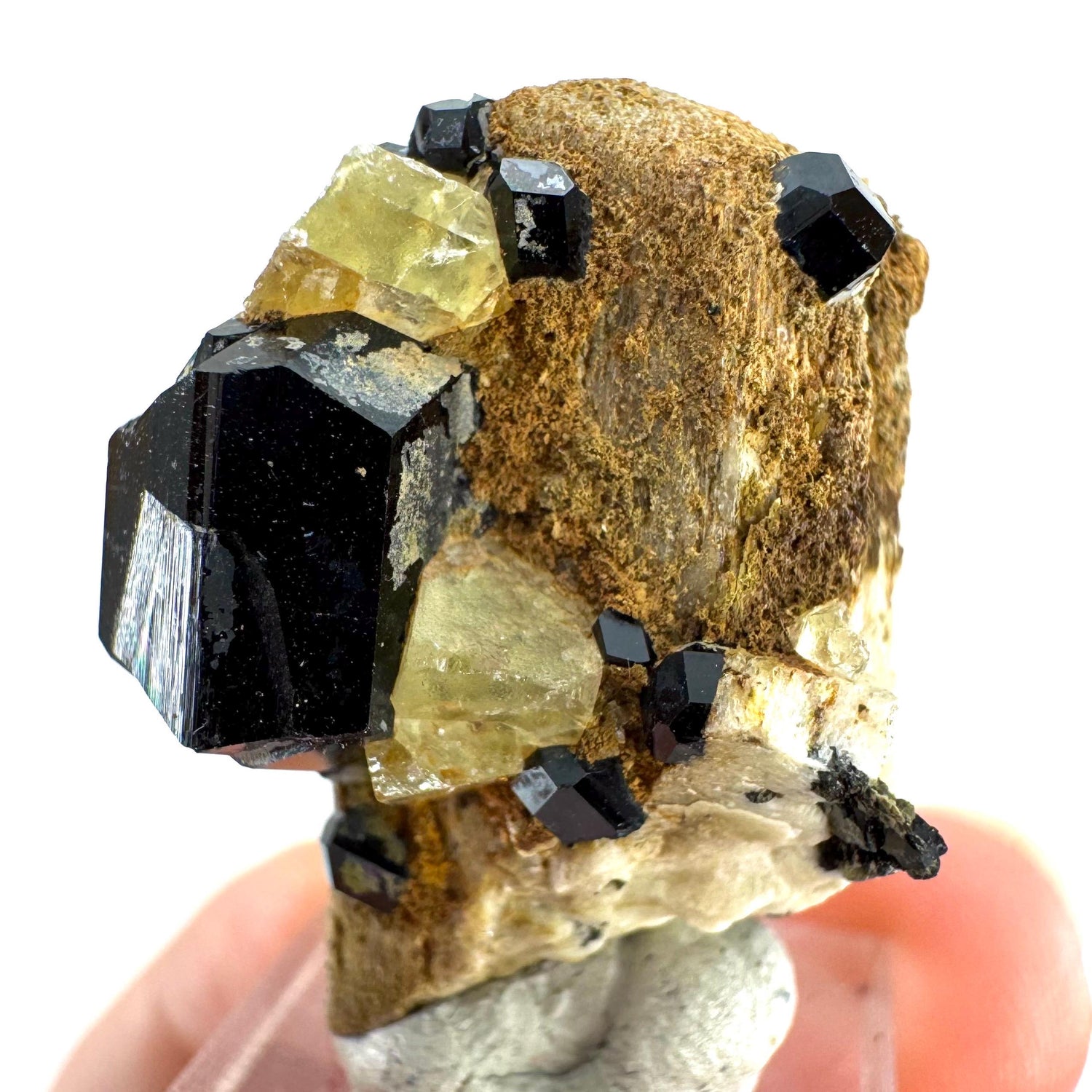 Chlorophane Fluorite w/ Black Tourmaline & Hyalite Opal on Feldspar | natural crystal, rare mineral specimen from Erongo, Namibia