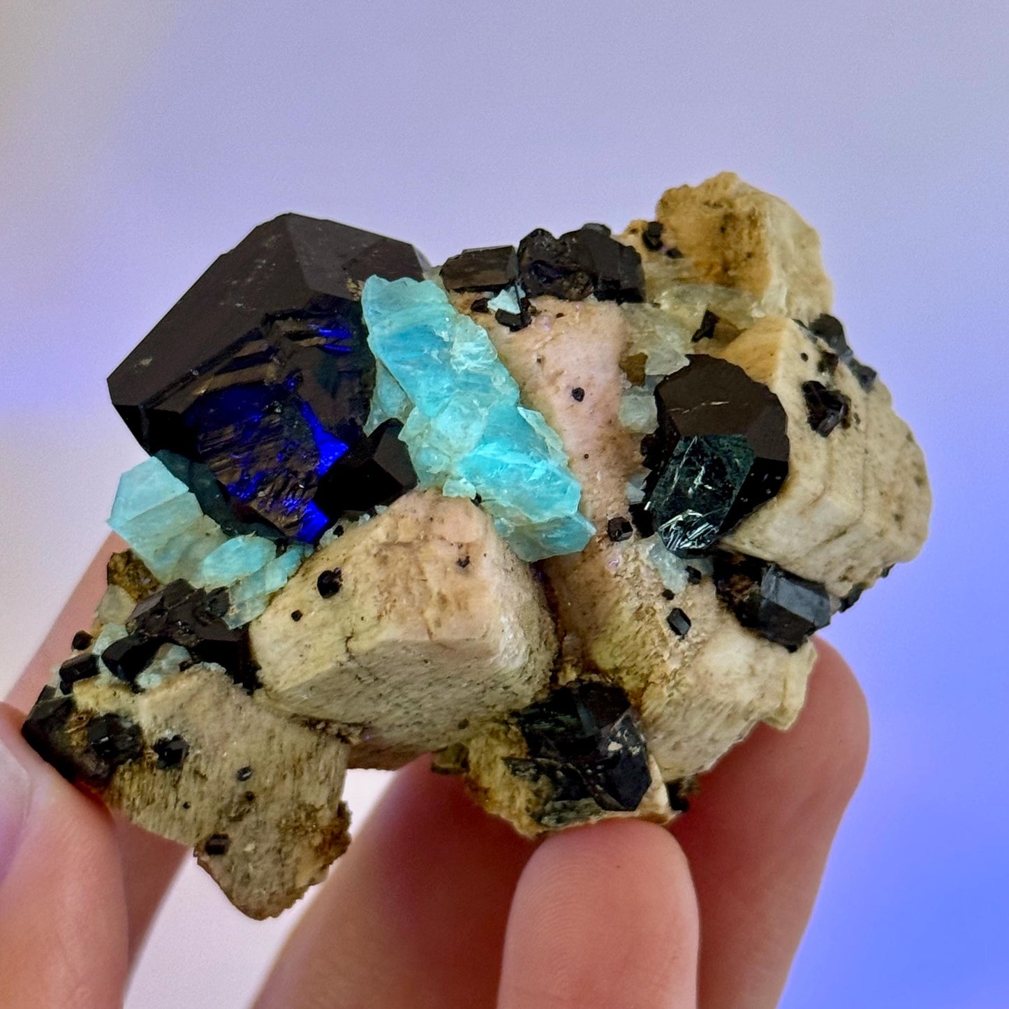 Chlorophane Fluorite Crystal with Black Tourmaline on Feldspar - Erongo, Namibia