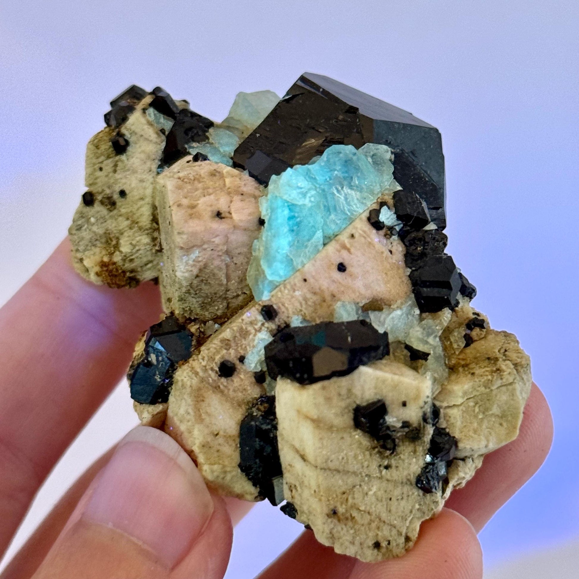 Chlorophane Fluorite Crystal with Black Tourmaline on Feldspar - Erongo, Namibia