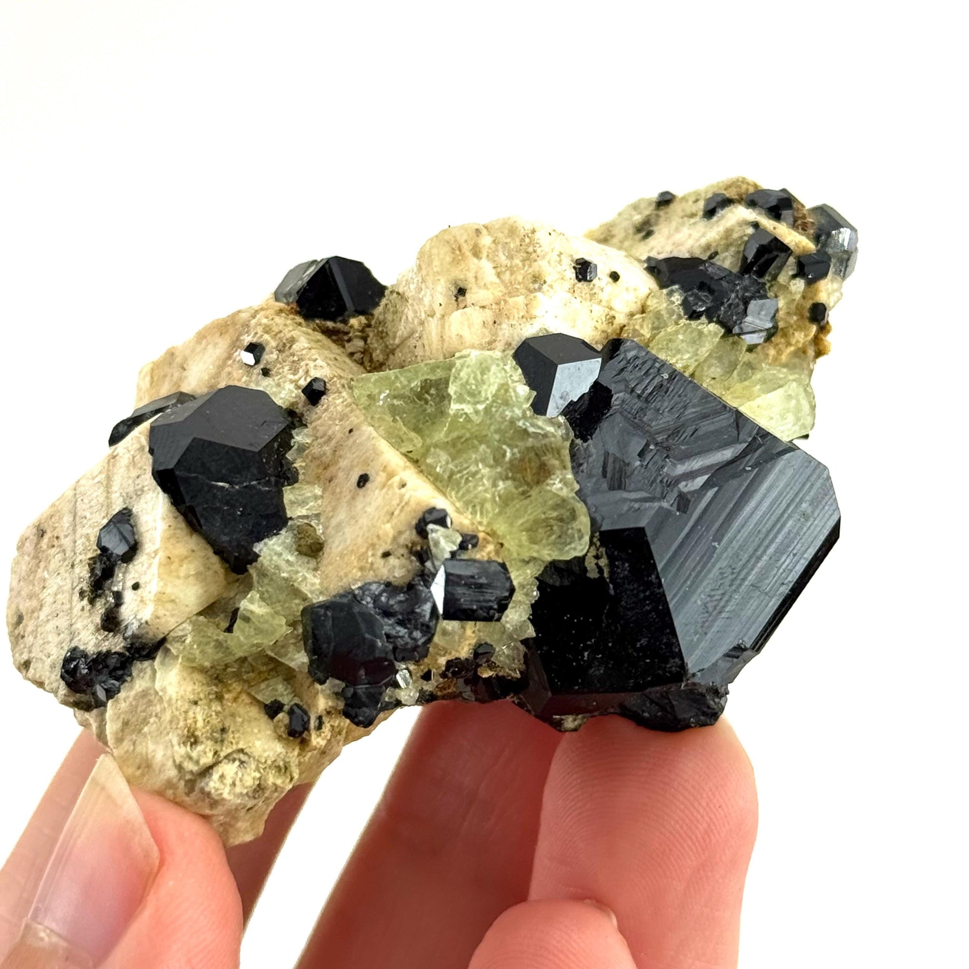 Chlorophane Fluorite Crystal with Black Tourmaline on Feldspar - Erongo, Namibia
