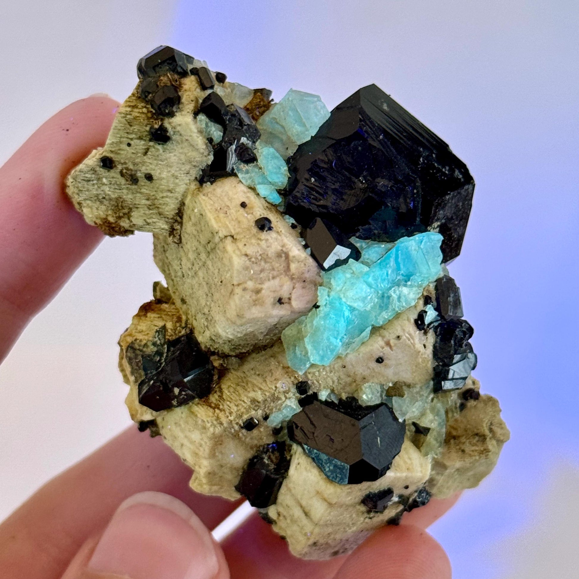 Chlorophane Fluorite Crystal with Black Tourmaline on Feldspar - Erongo, Namibia