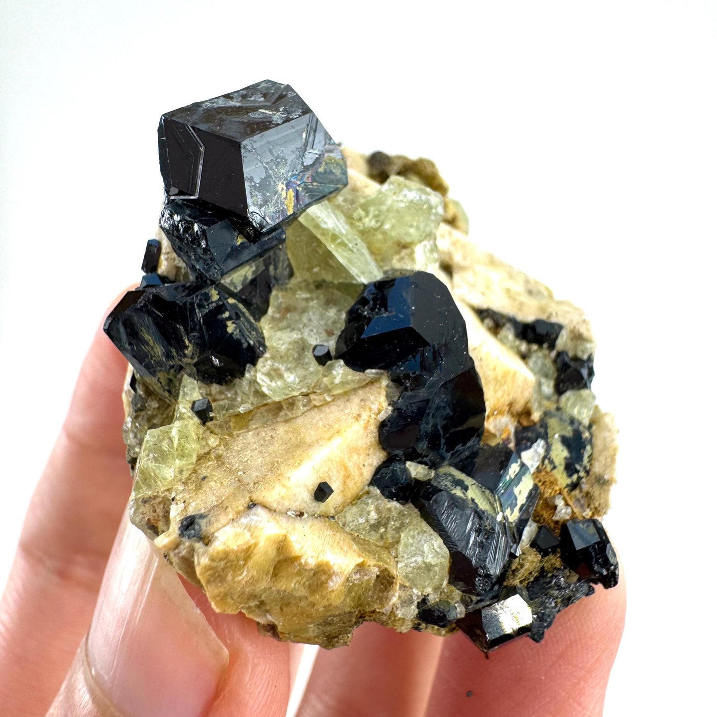 Chlorophane Fluorite w/ Black Tourmaline & Hyalite Opal on Feldspar | natural crystal, rare mineral specimen from Erongo, Namibia