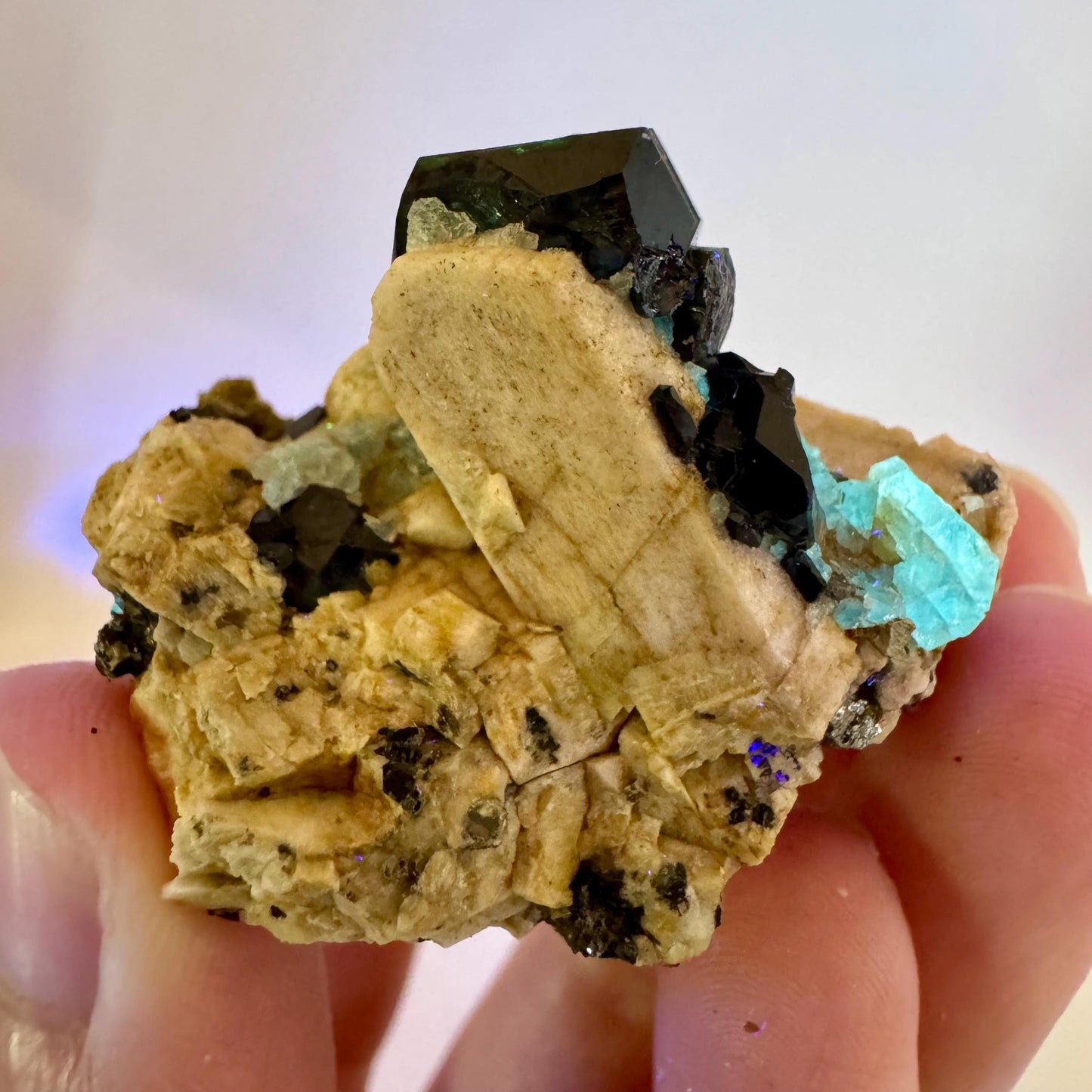 Chlorophane Fluorite w/ Black Tourmaline & Hyalite Opal on Feldspar | natural crystal, rare mineral specimen from Erongo, Namibia