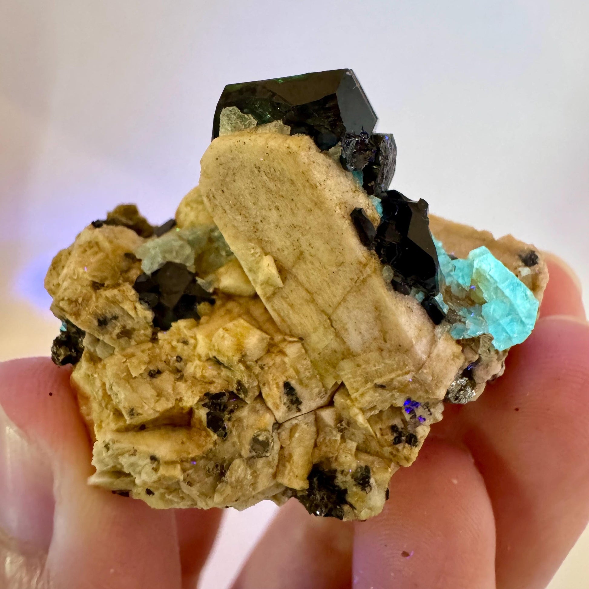 Chlorophane Fluorite w/ Black Tourmaline & Hyalite Opal on Feldspar | natural crystal, rare mineral specimen from Erongo, Namibia