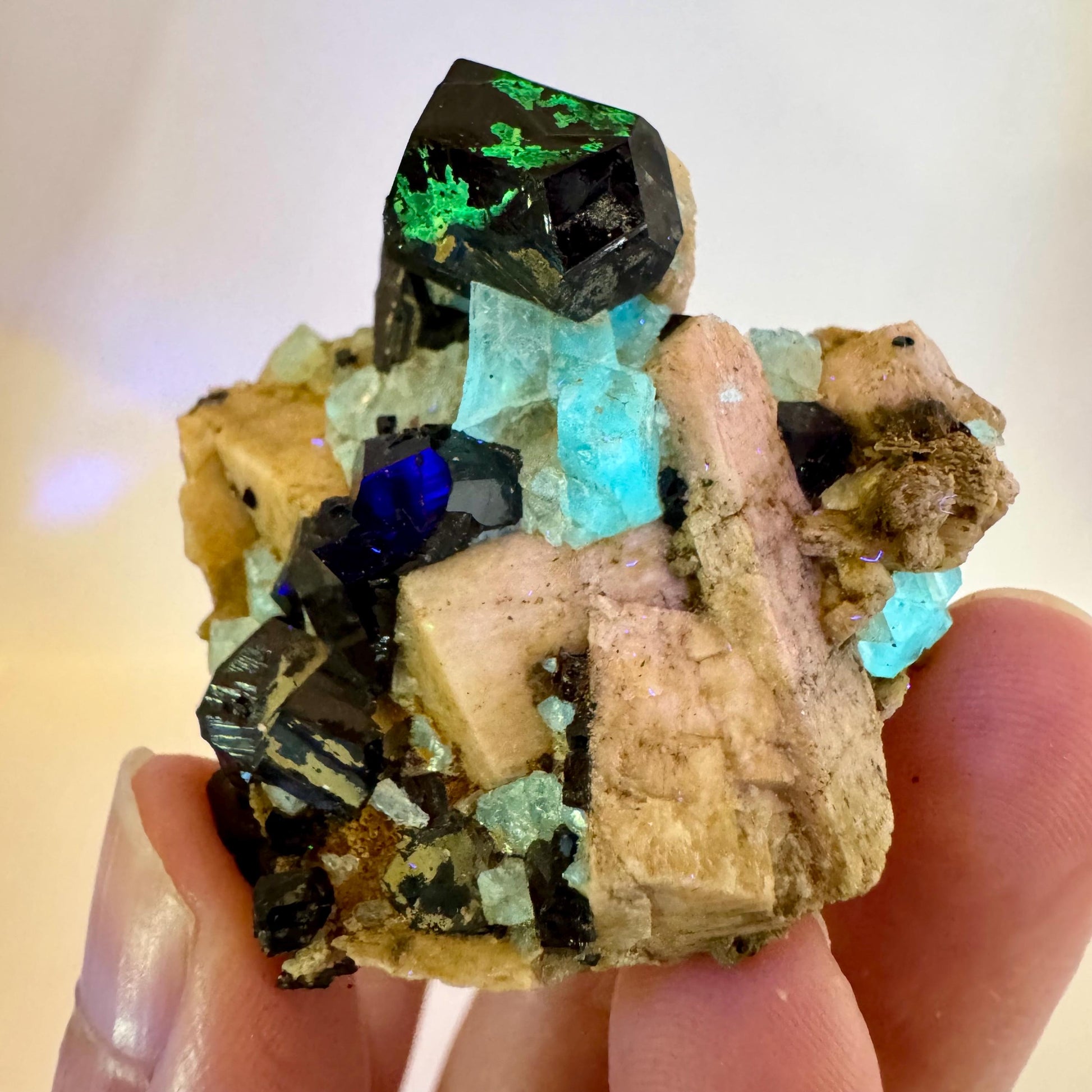 Chlorophane Fluorite w/ Black Tourmaline & Hyalite Opal on Feldspar | natural crystal, rare mineral specimen from Erongo, Namibia
