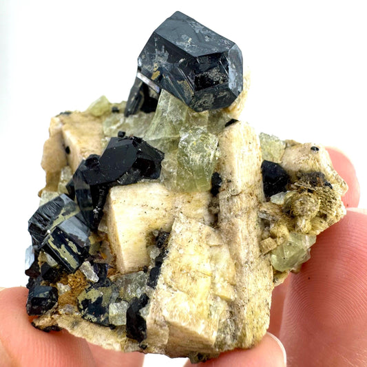 Chlorophane Fluorite w/ Black Tourmaline & Hyalite Opal on Feldspar | natural crystal, rare mineral specimen from Erongo, Namibia