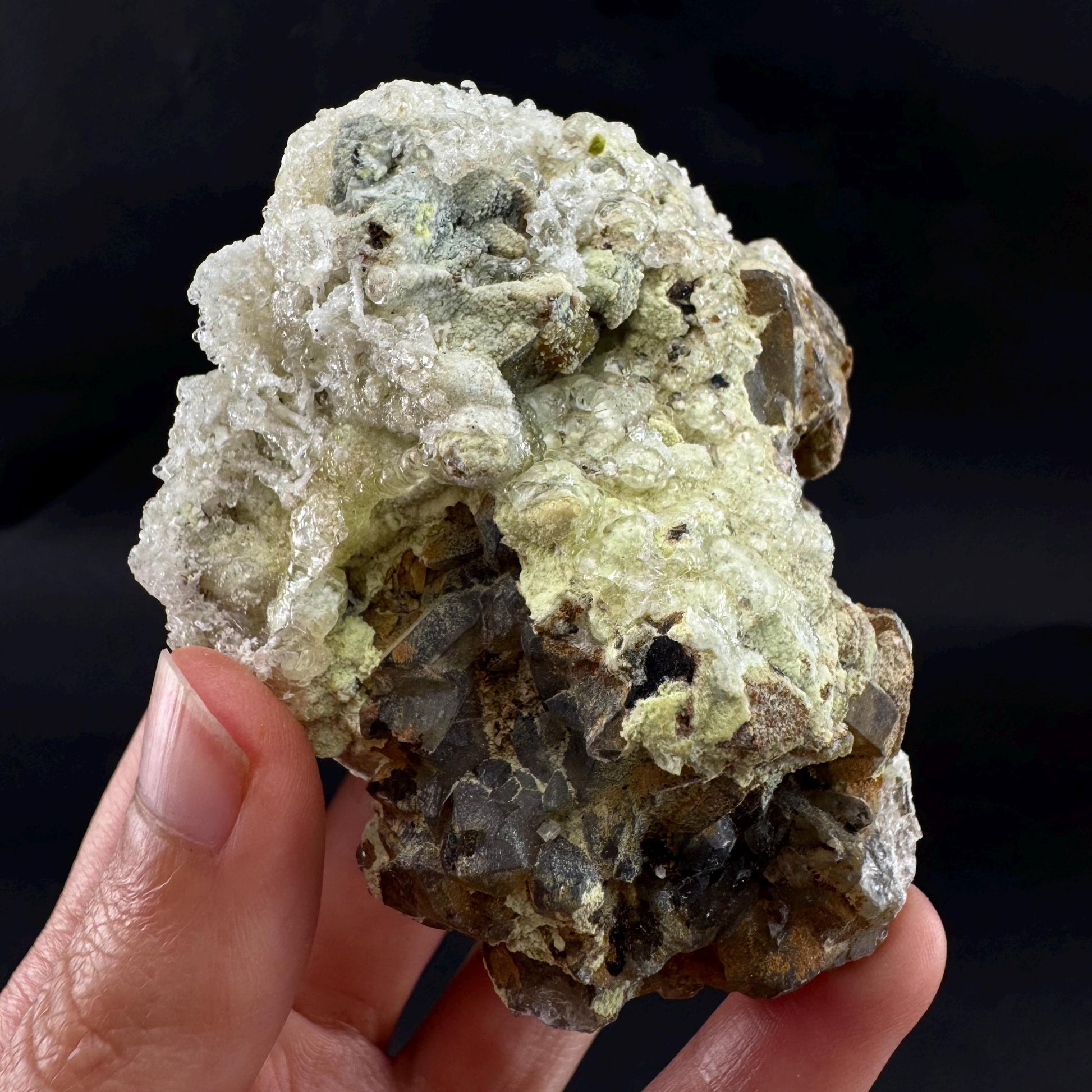 UV Reactive Hyalite Opal on Smoky Quartz | Fluorescent Mineral Specimen from Namibia