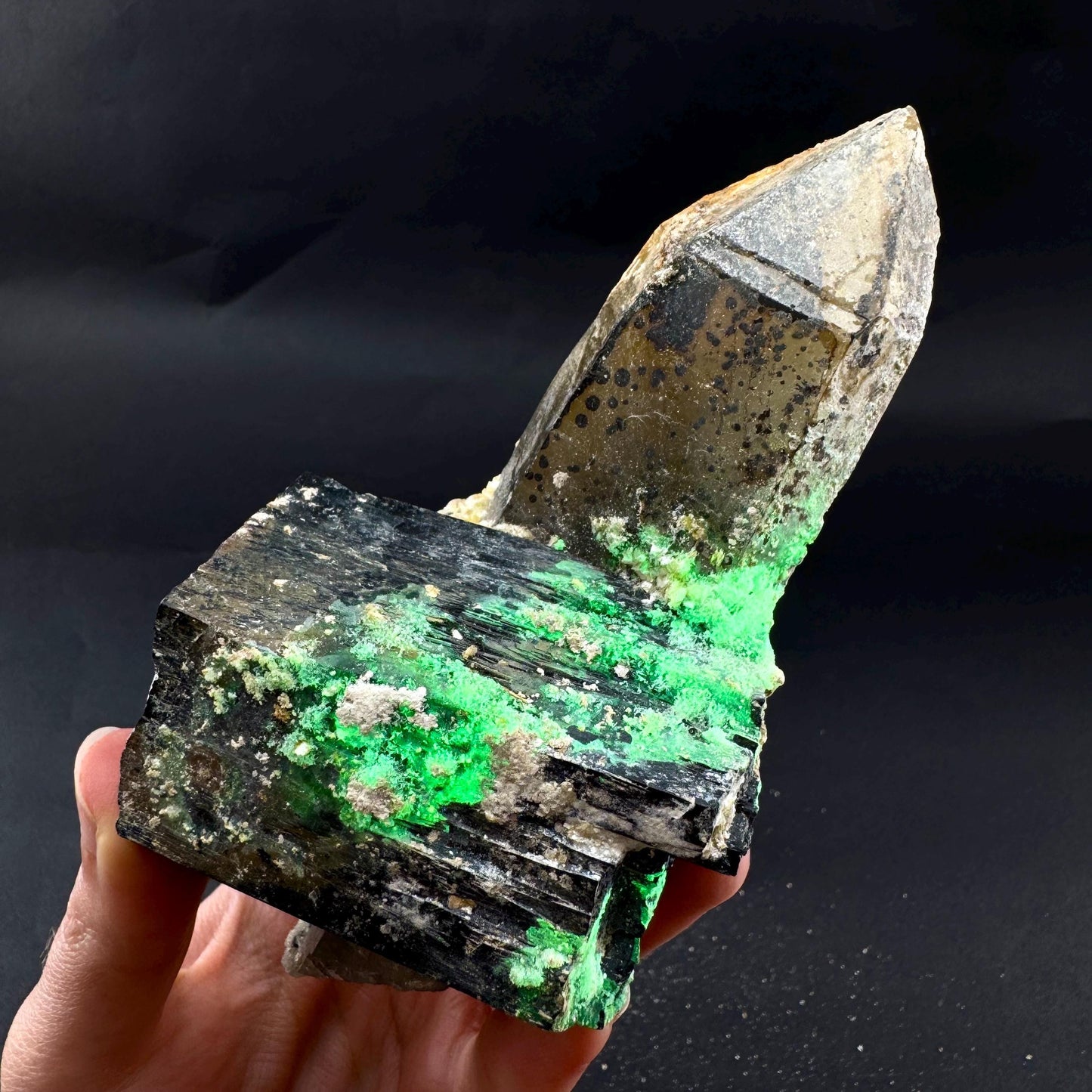 UV Reactive Hyalite Opal w/ Smoky Quartz & Black Tourmaline | Fluorescent Mineral Specimen from Namibia