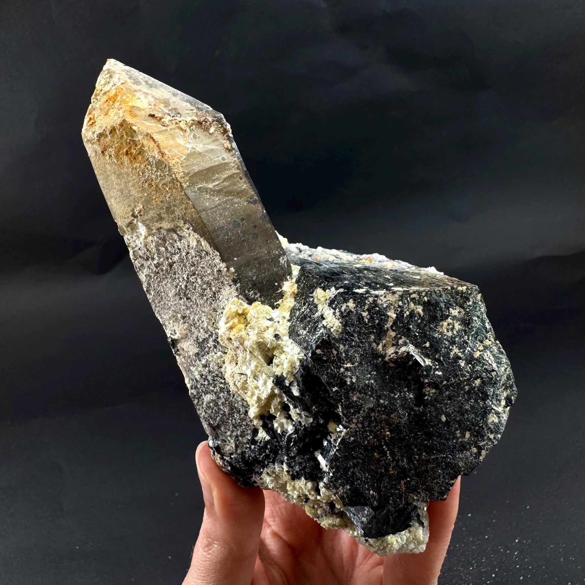 UV Reactive Hyalite Opal w/ Smoky Quartz & Black Tourmaline | Fluorescent Mineral Specimen from Namibia