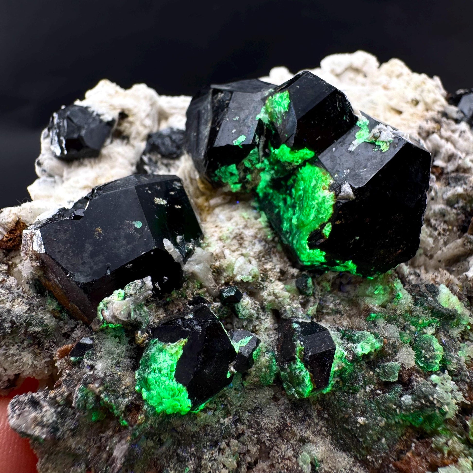 UV Reactive Hyalite Opal on Black Tourmaline & Feldspar | Fluorescent Mineral Specimen from Namibia
