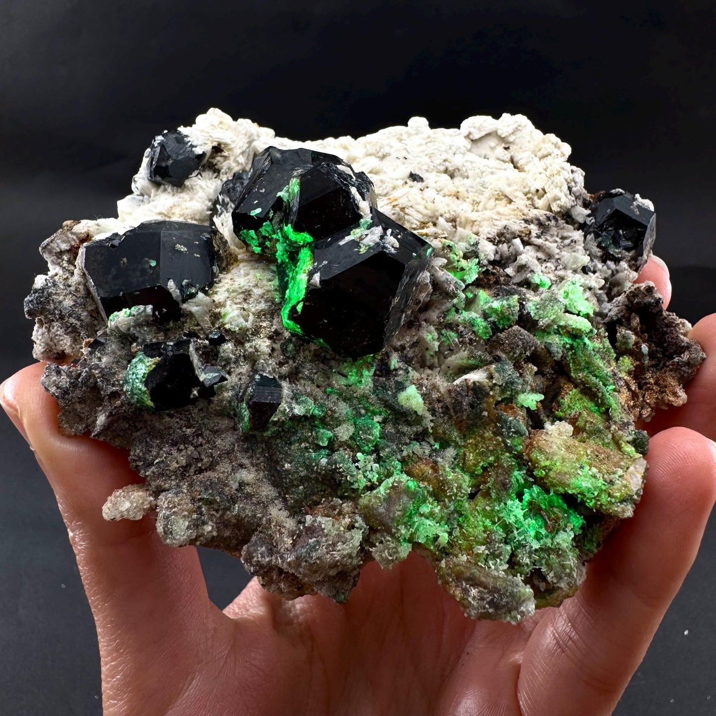 UV Reactive Hyalite Opal on Black Tourmaline & Feldspar | Fluorescent Mineral Specimen from Namibia