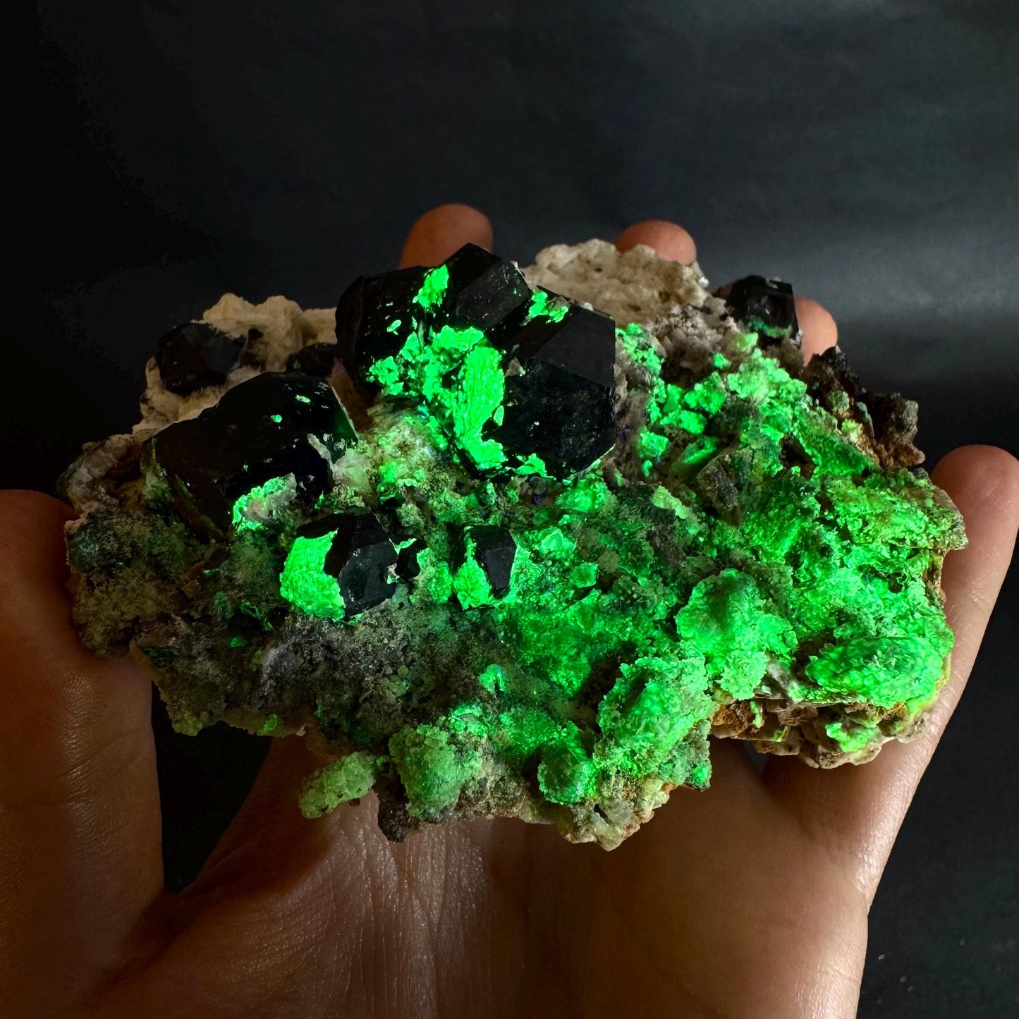 UV Reactive Hyalite Opal on Black Tourmaline & Feldspar | Fluorescent Mineral Specimen from Namibia