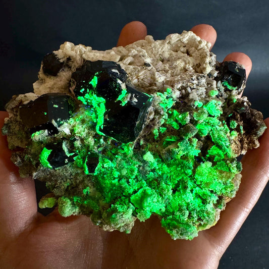UV Reactive Hyalite Opal on Black Tourmaline & Feldspar | Fluorescent Mineral Specimen from Namibia