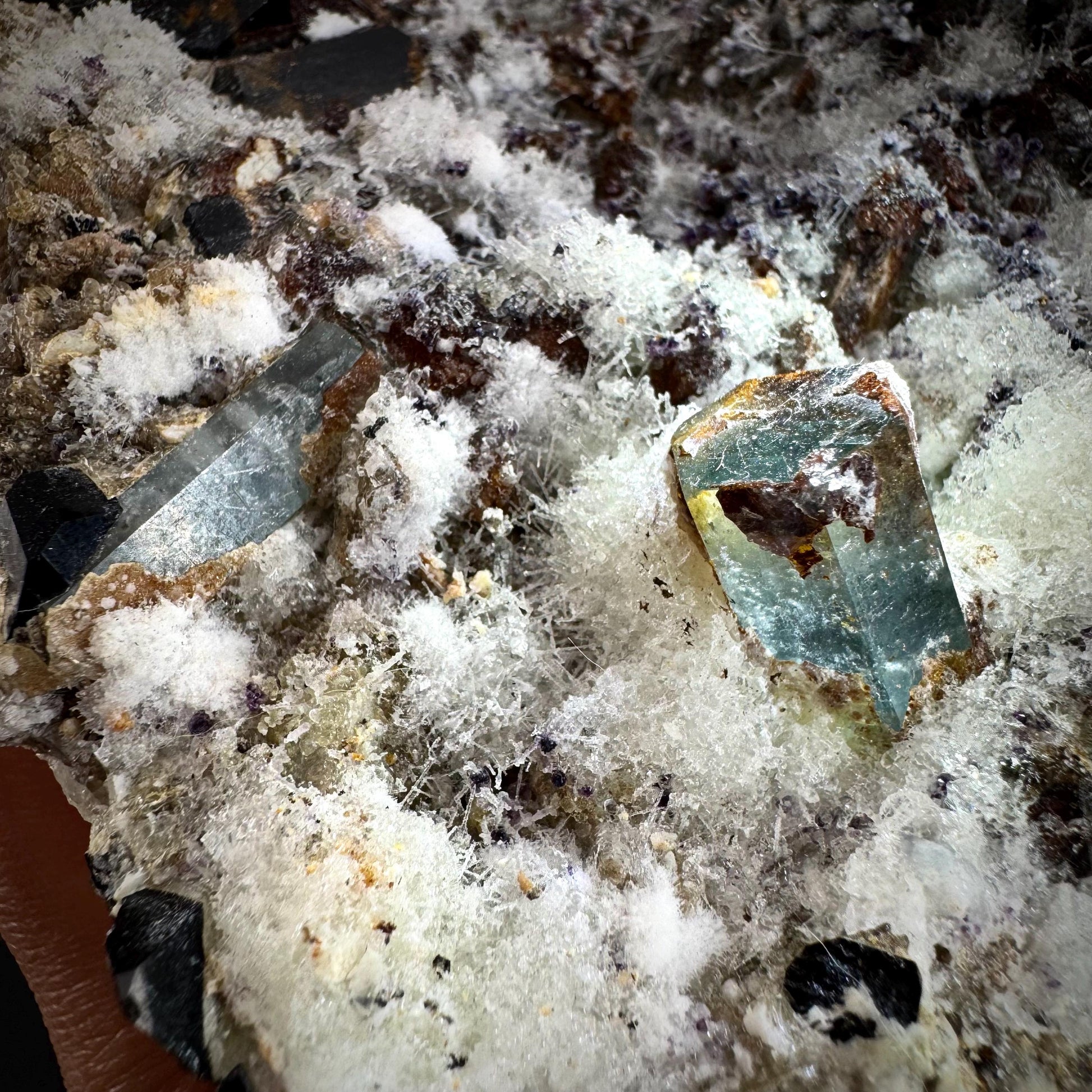 UV Reactive Hyalite Opal w/ Aquamarine & Black Tourmaline | Fluorescent Mineral Specimen from Namibia