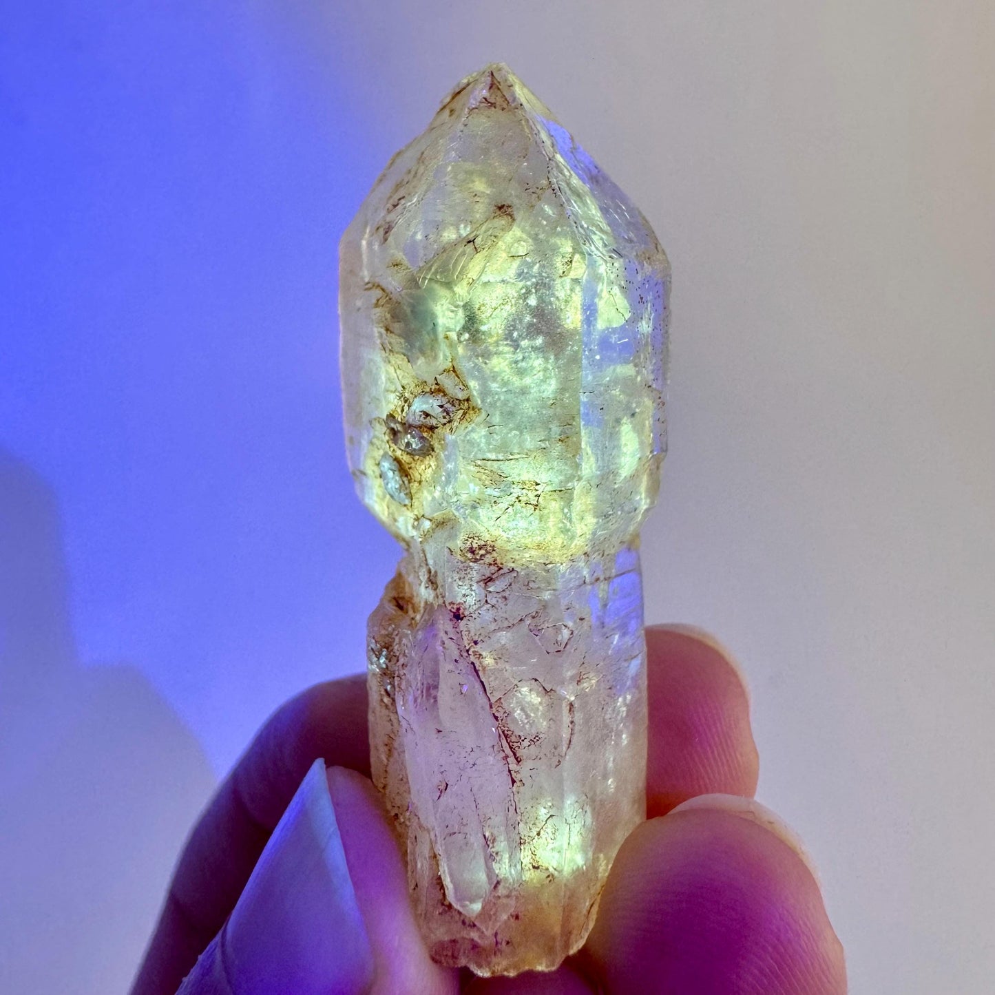 Firefly Petroleum Quartz Sceptre | UV reactive crystal, fluorescent mineral from Madagascar