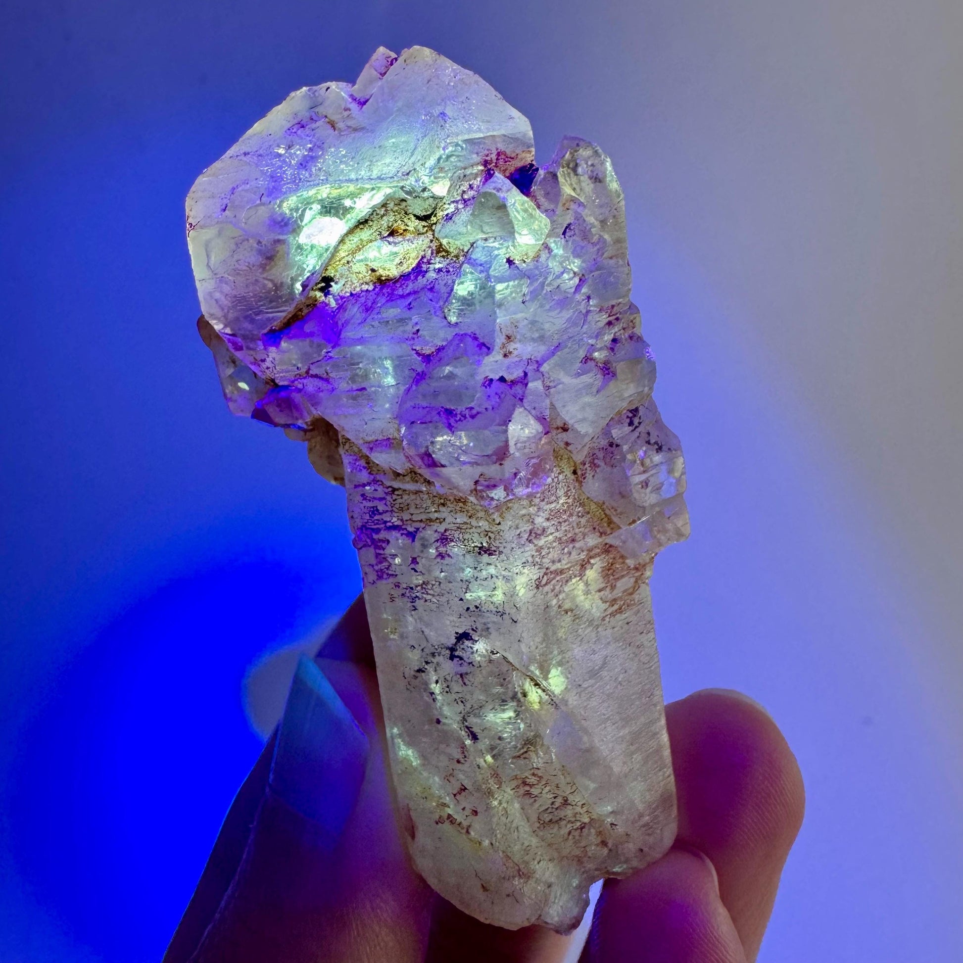 Firefly Petroleum Quartz Sceptre | UV reactive crystal, fluorescent mineral from Madagascar