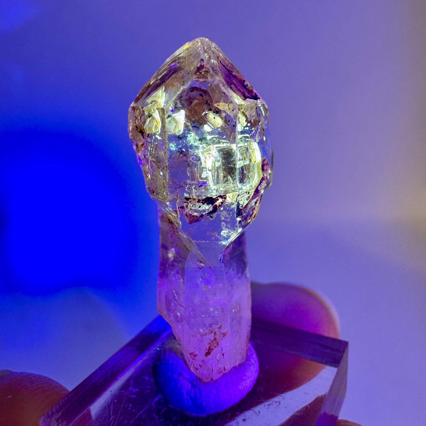 Firefly Petroleum Quartz Sceptre | UV reactive crystal, fluorescent mineral from Madagascar